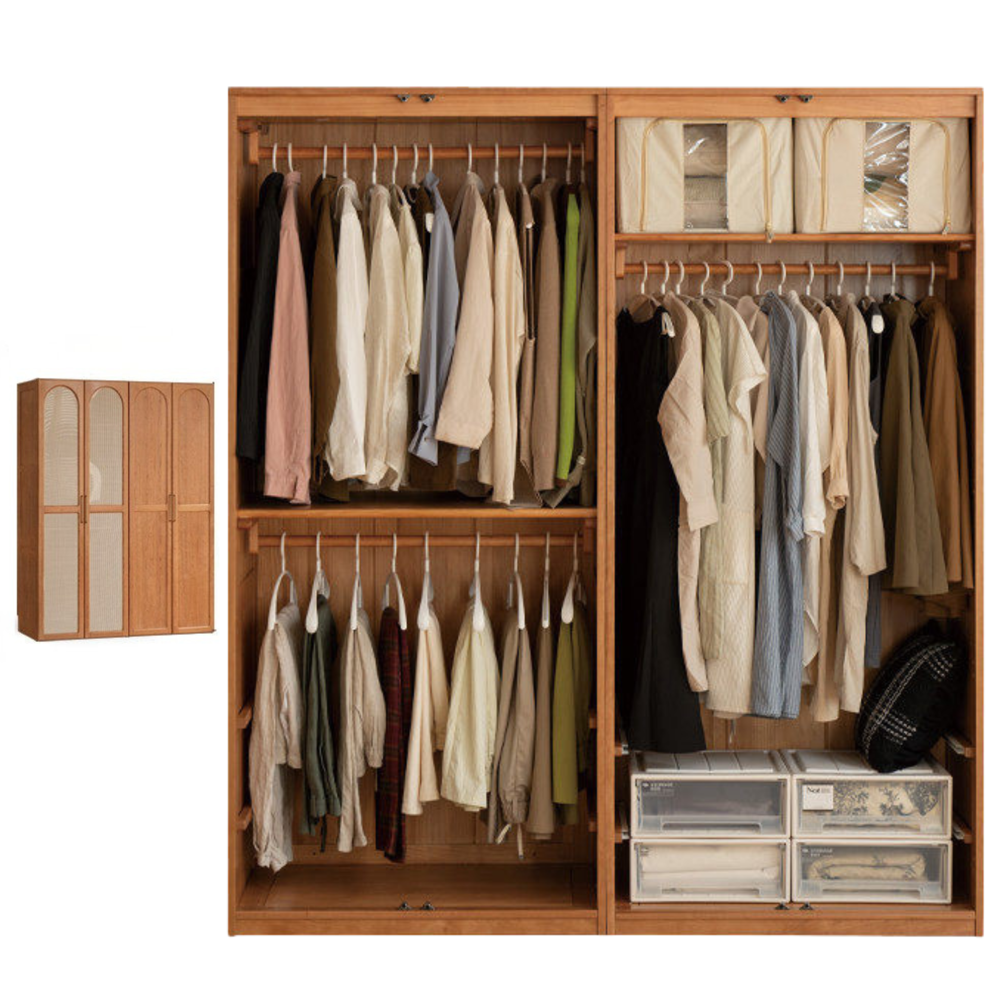 Cherry Solid Wood Swing Door Rattan Wardrobe