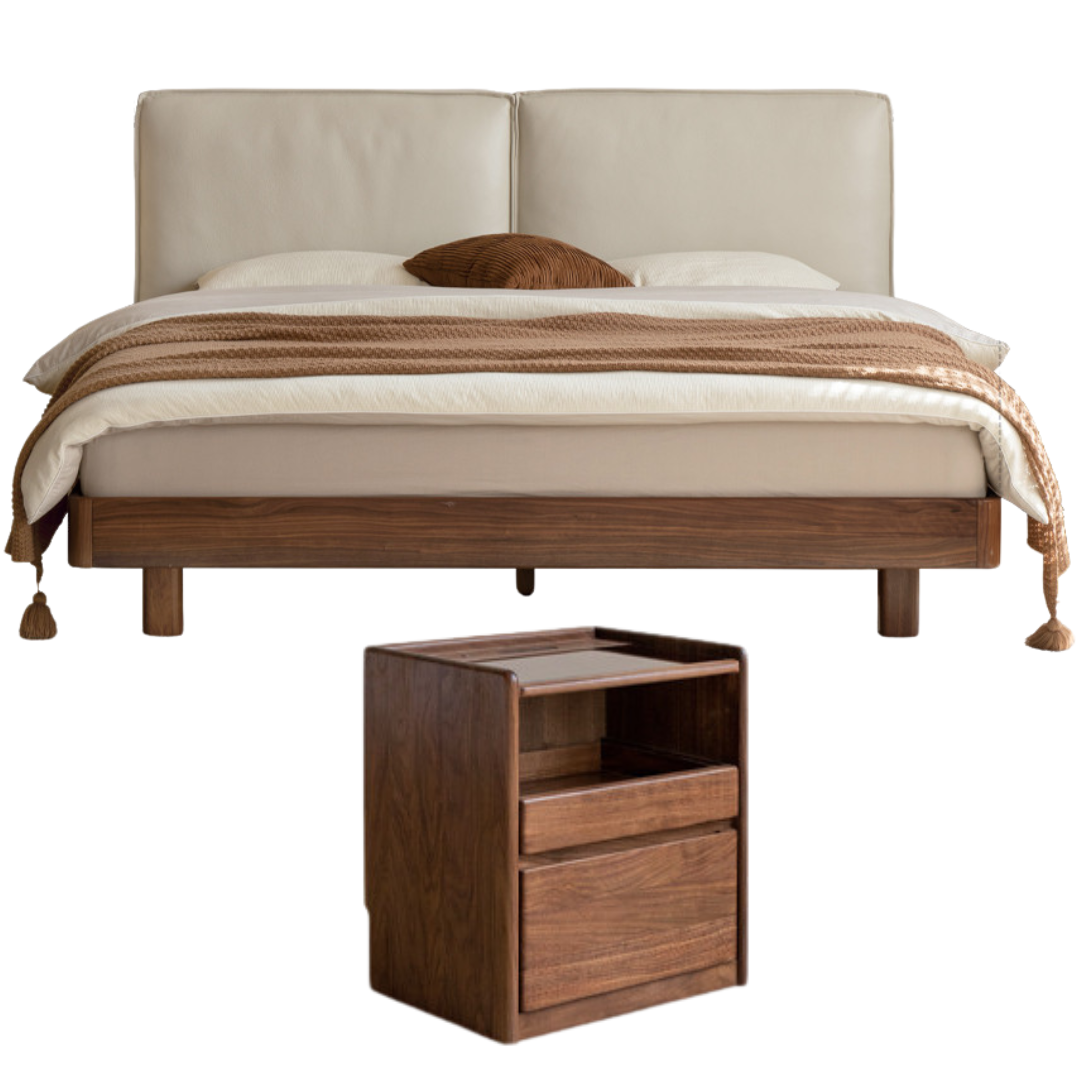 Teak, Black Walnut Solid Wood Genuine Leather Suspended Bed with Light