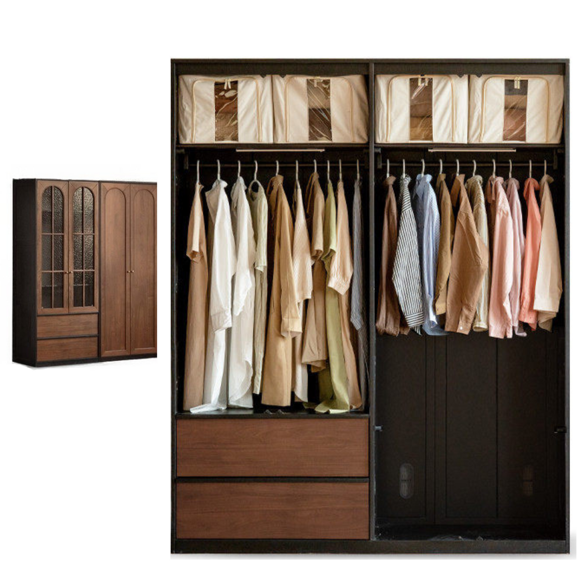 Black Walnut Solid Wood Wardrobe with Arched Textured Glass Doors