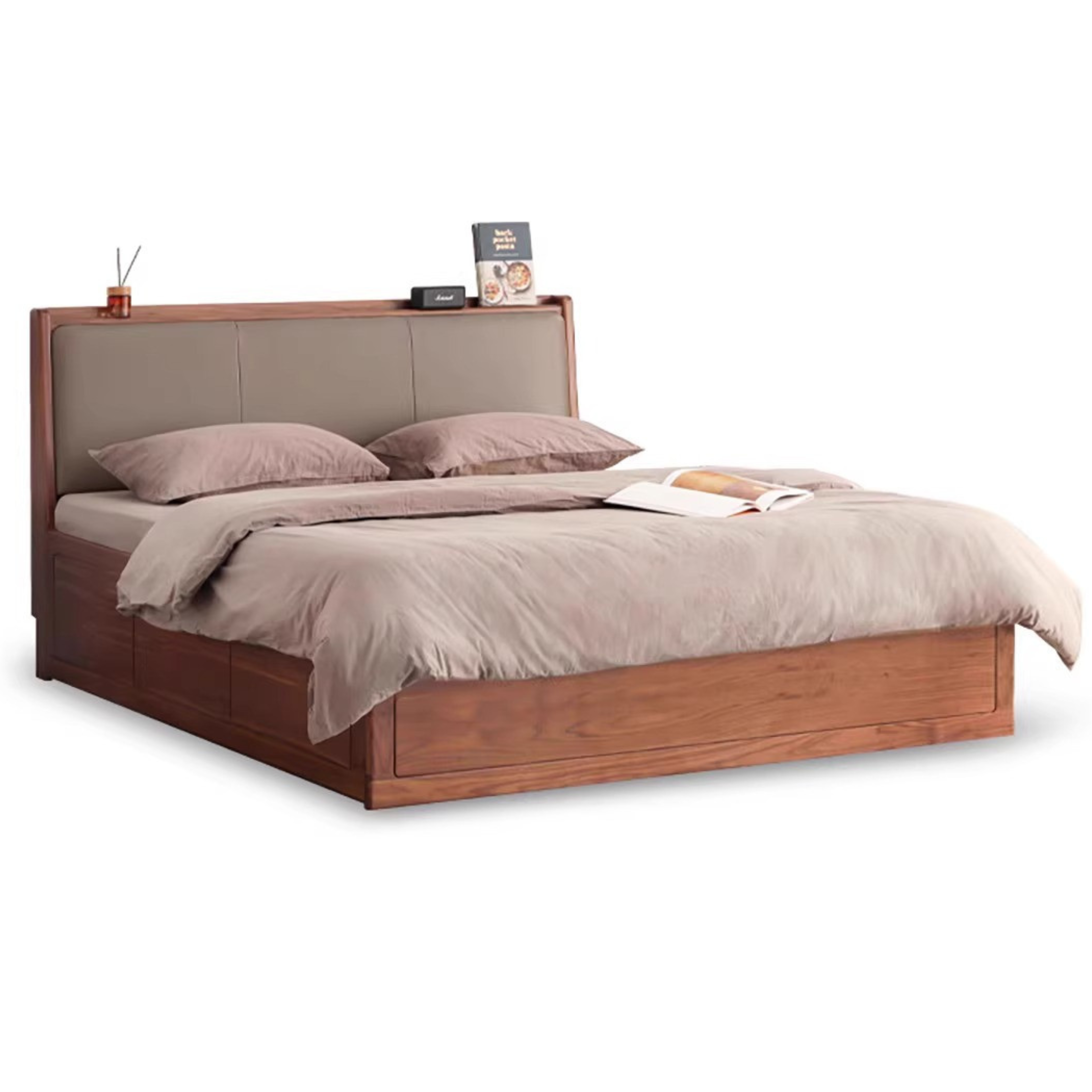 Black Walnut Solid Wood leather soft Drawer Box Bed Nordic