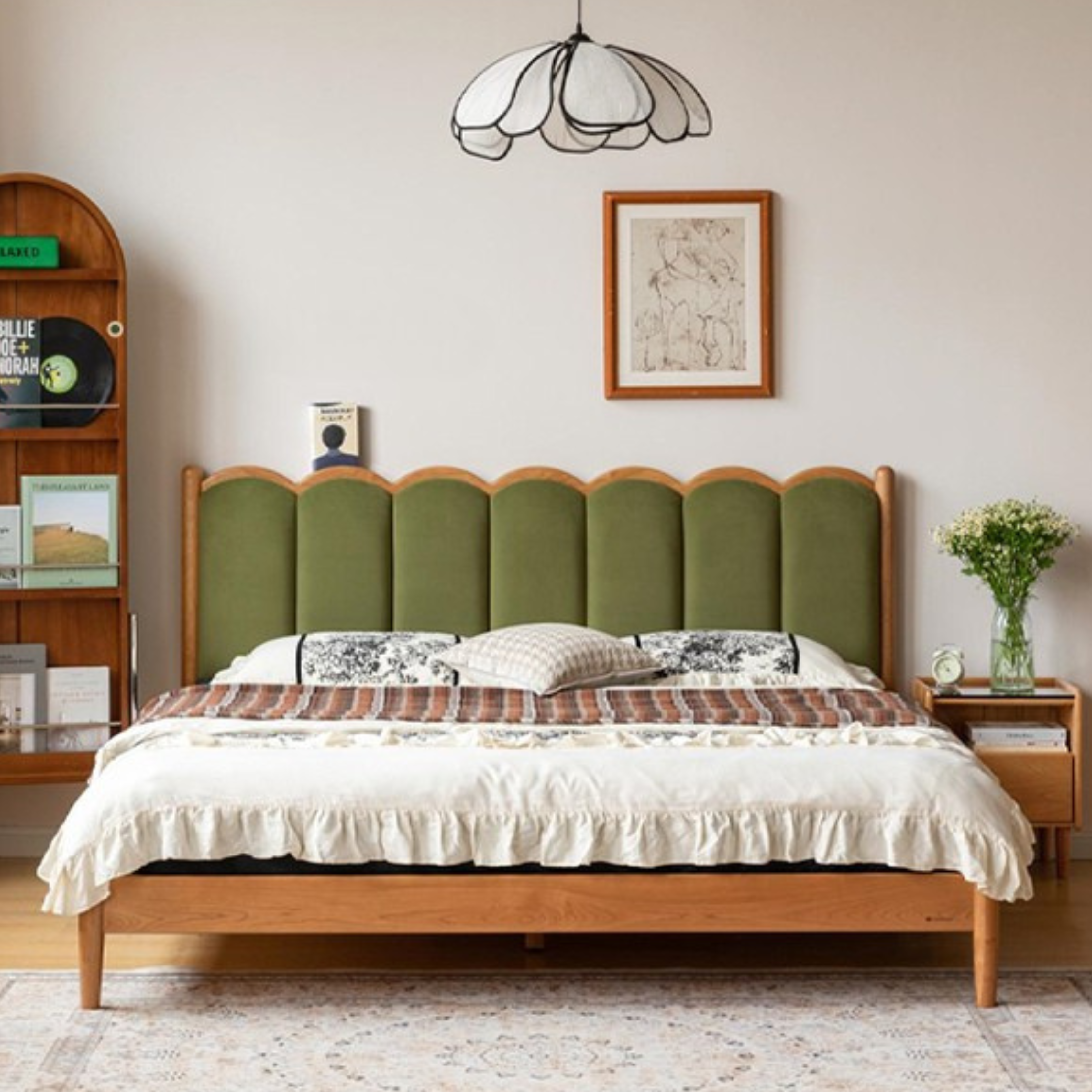 Cherry Solid Wood Soft Bed Retro