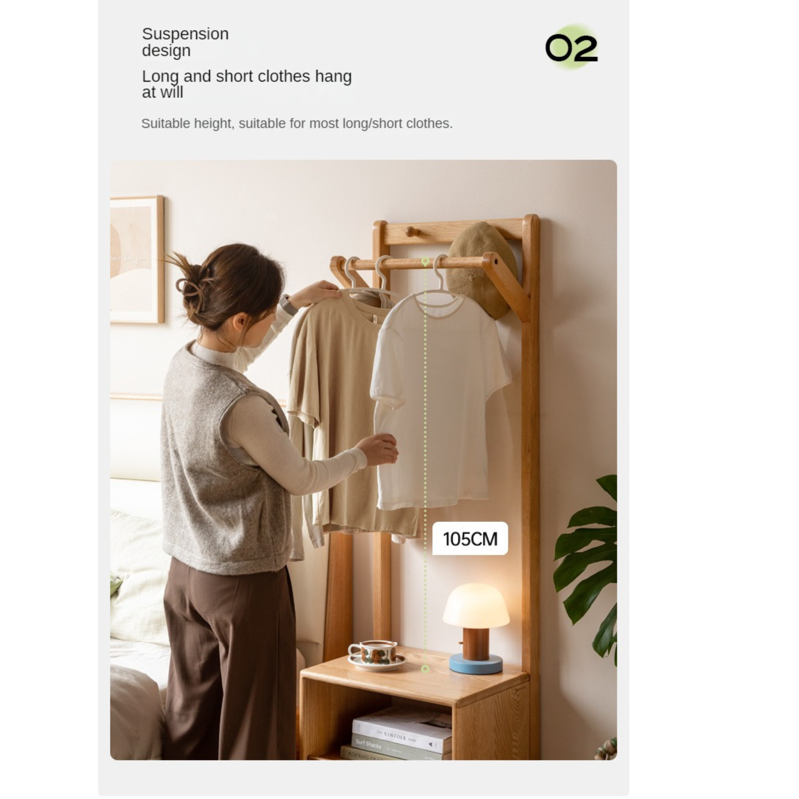 Oak, Birch Solid Wood Nordic Floor Storage Clothes Rack<
