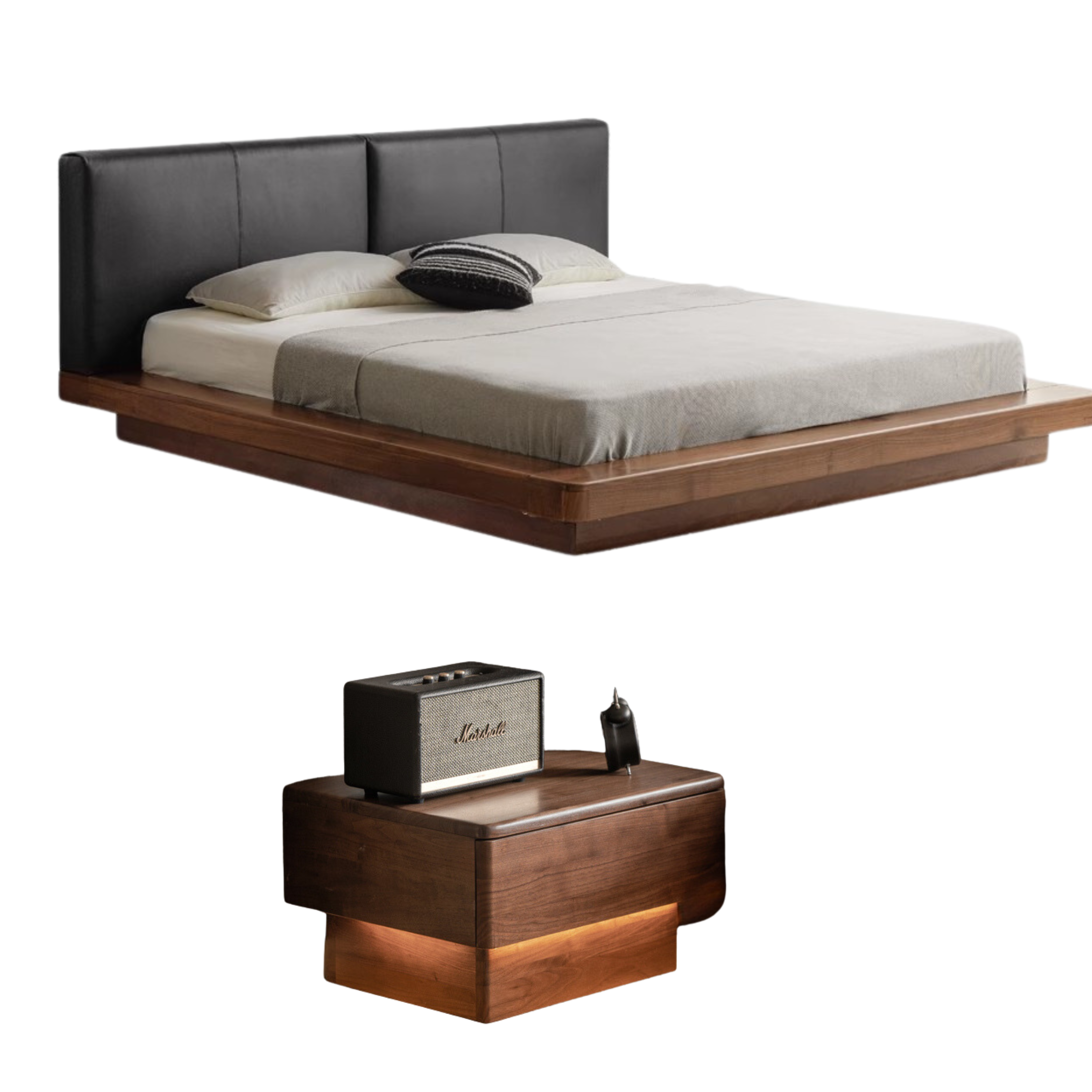 Black walnut solid wood leather soft suspended bed