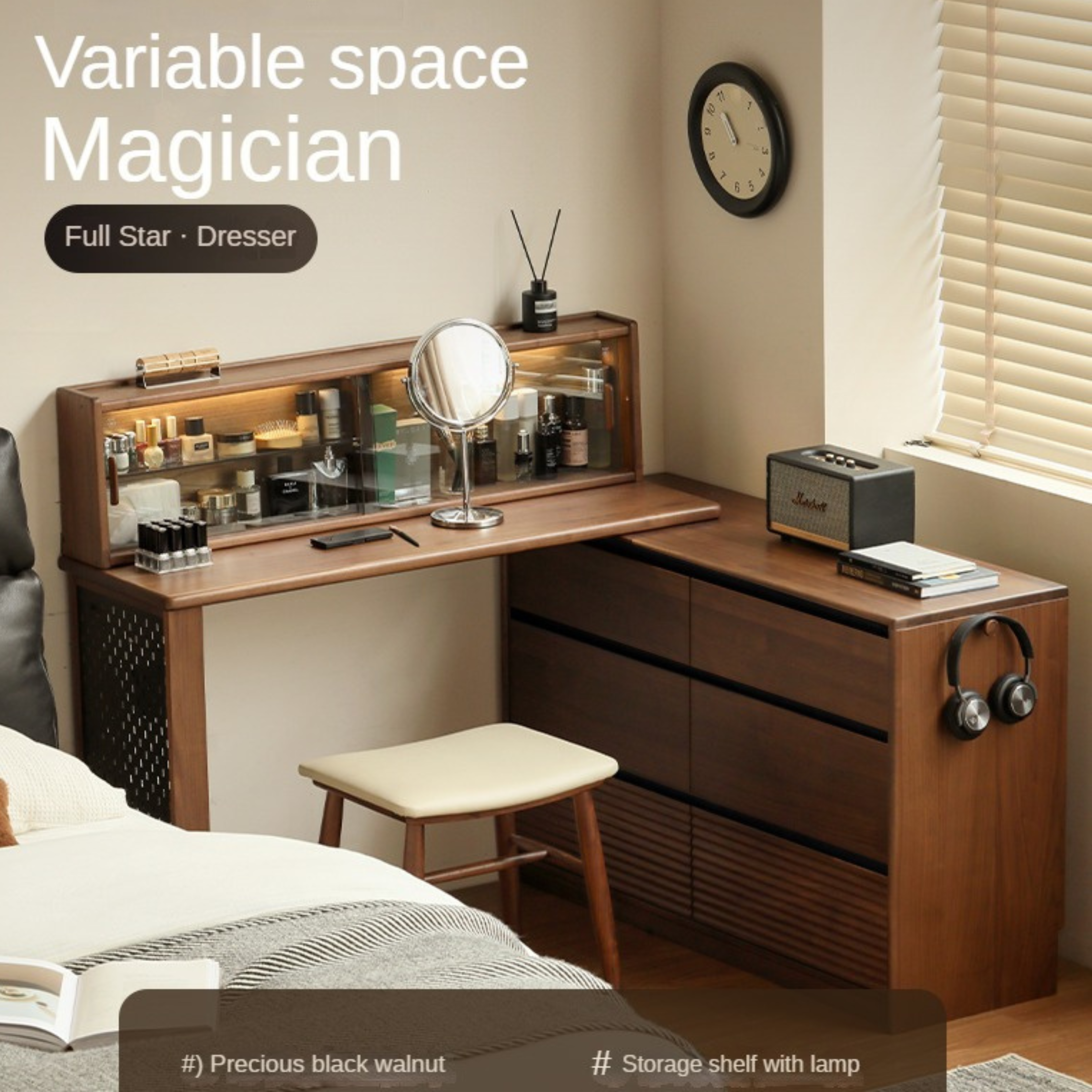 Black Walnut, Sandawood Light Luxury Retractable Dressing Table.