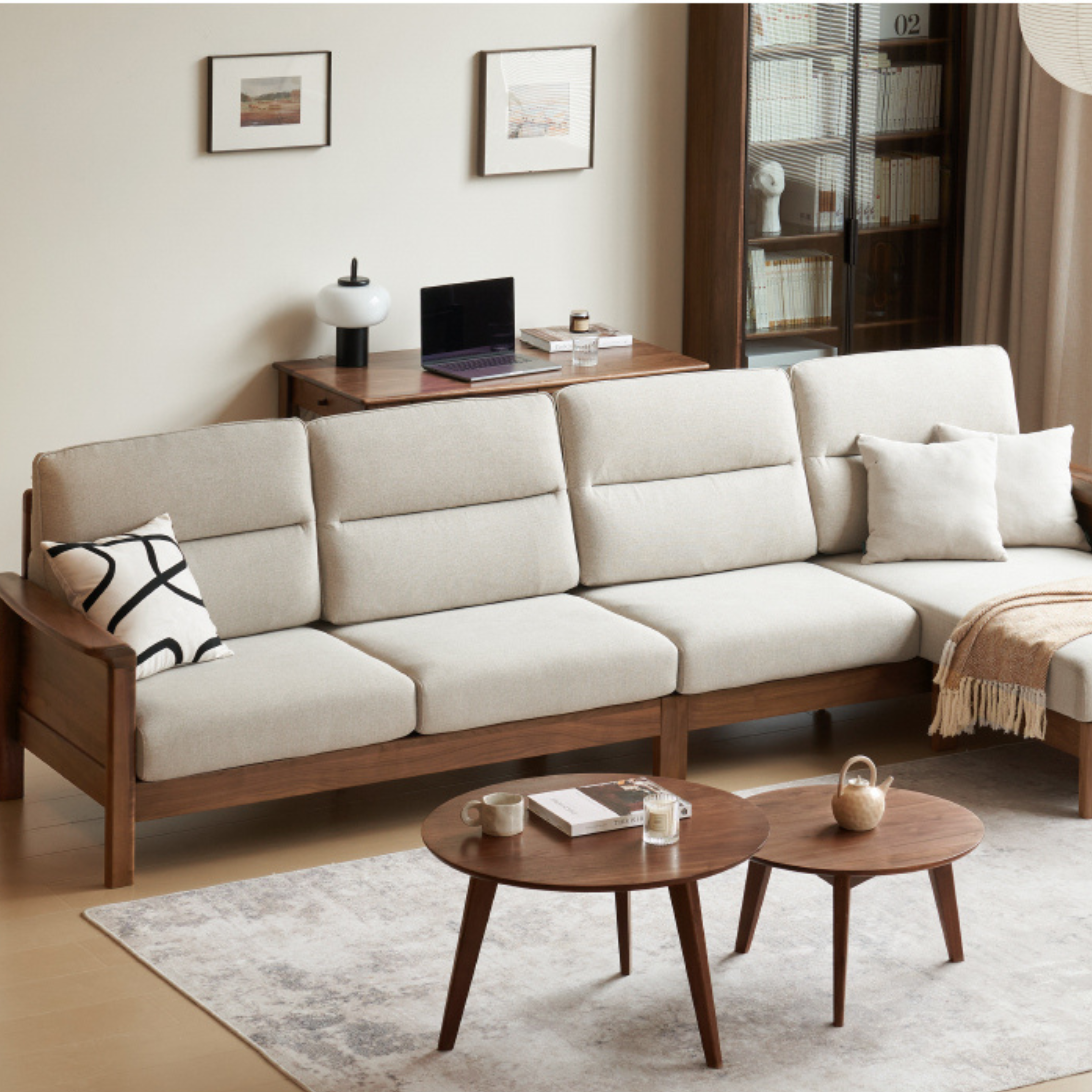 Sandalwood, Black Walnut Solid Wood Fabric Sofa.