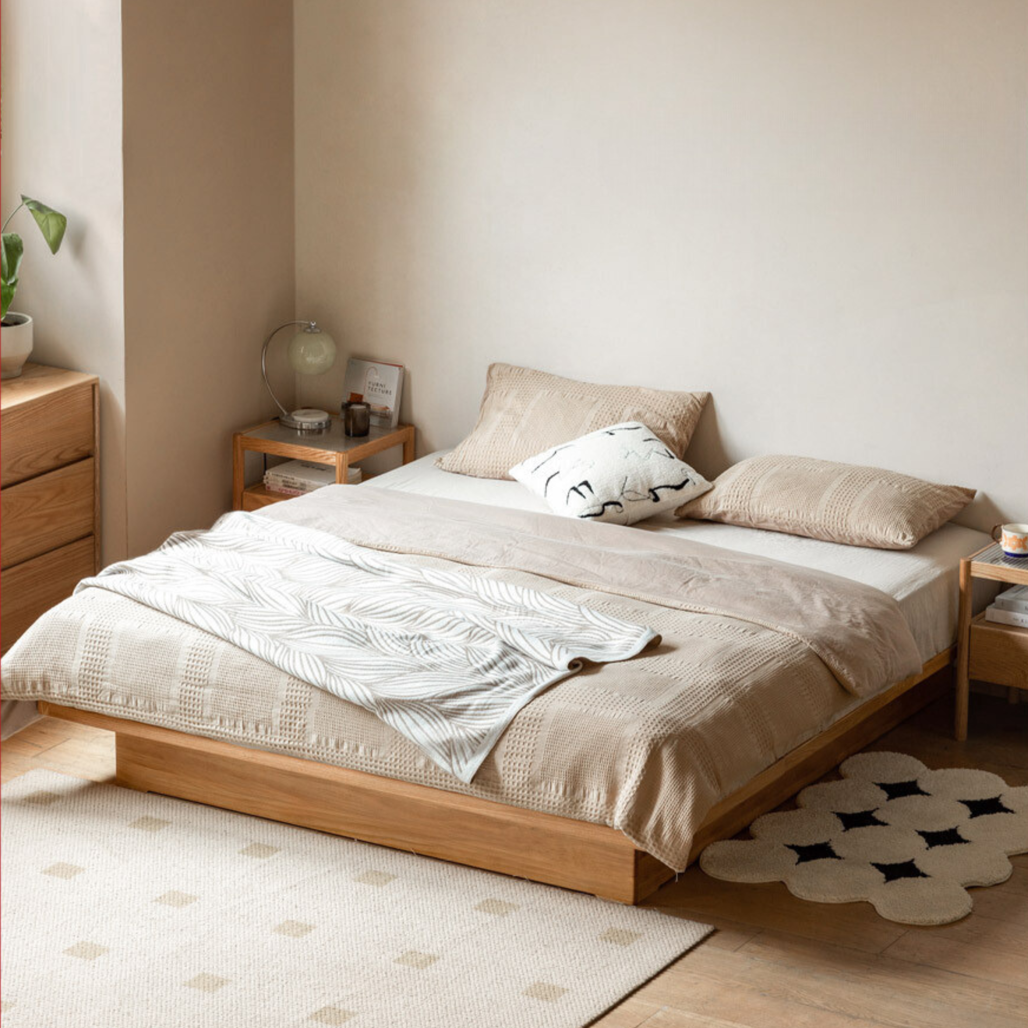 OAK Solid Wood platform bed, headboard-free bed Suspended Bed