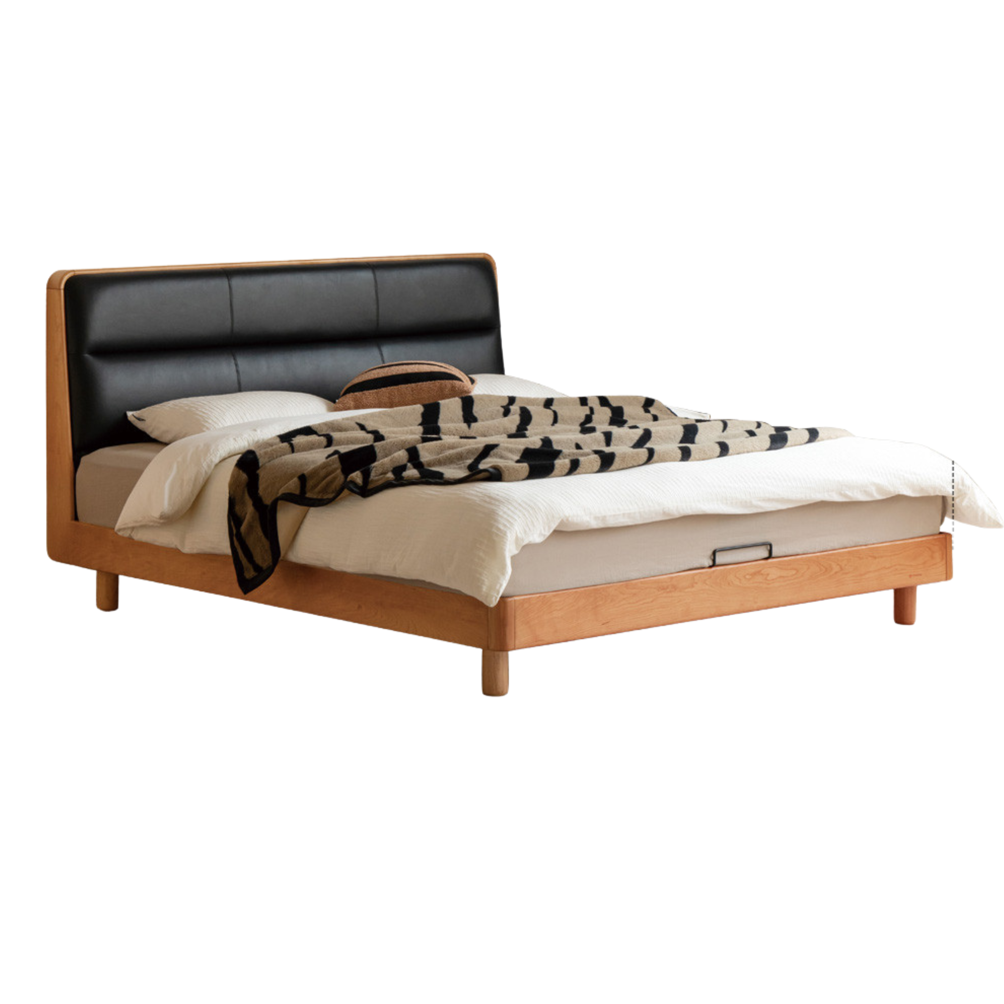 Cherry Solid Wood Bed with Retro Edge and Soft Headboard