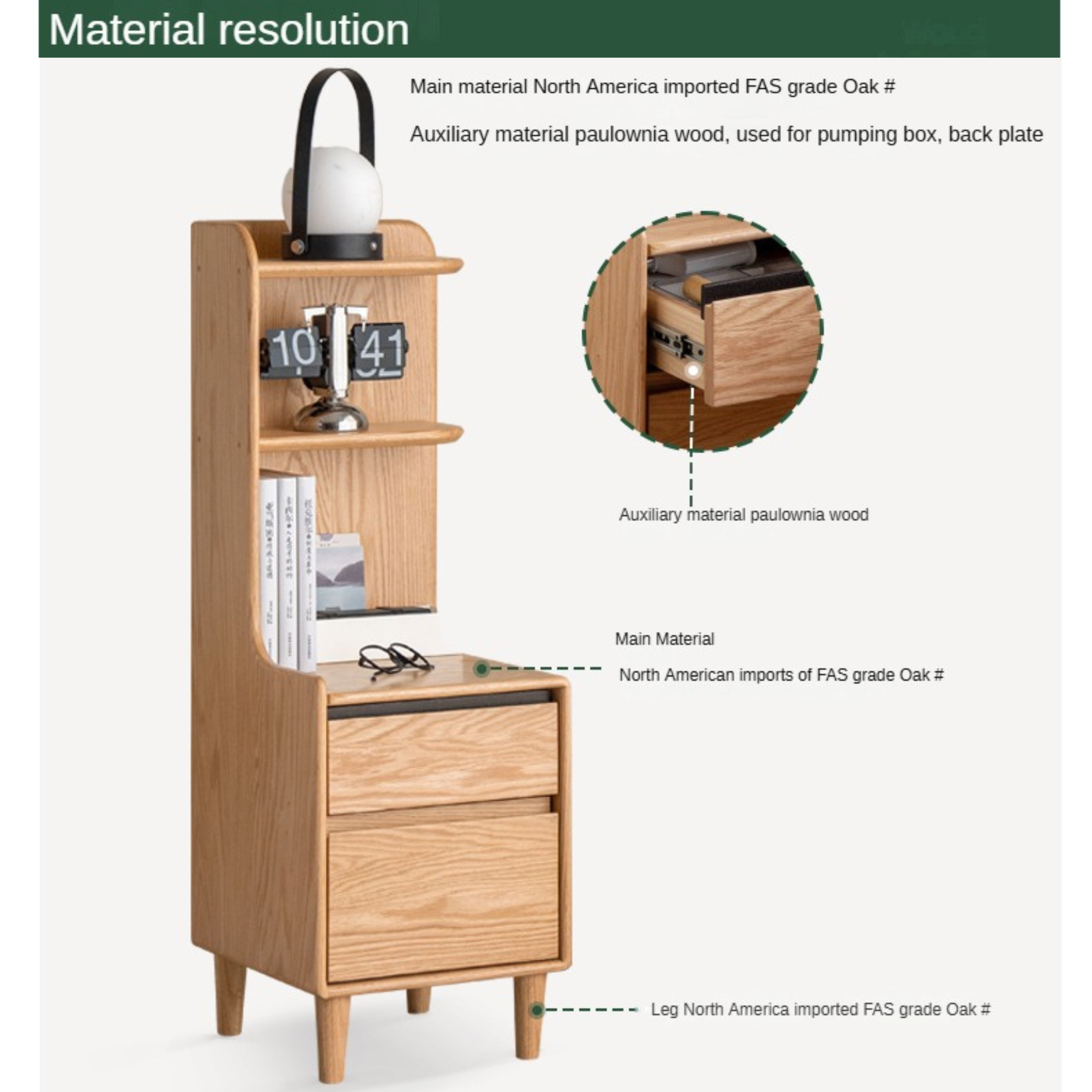 Oak Solid Wood Modern Nightstand.