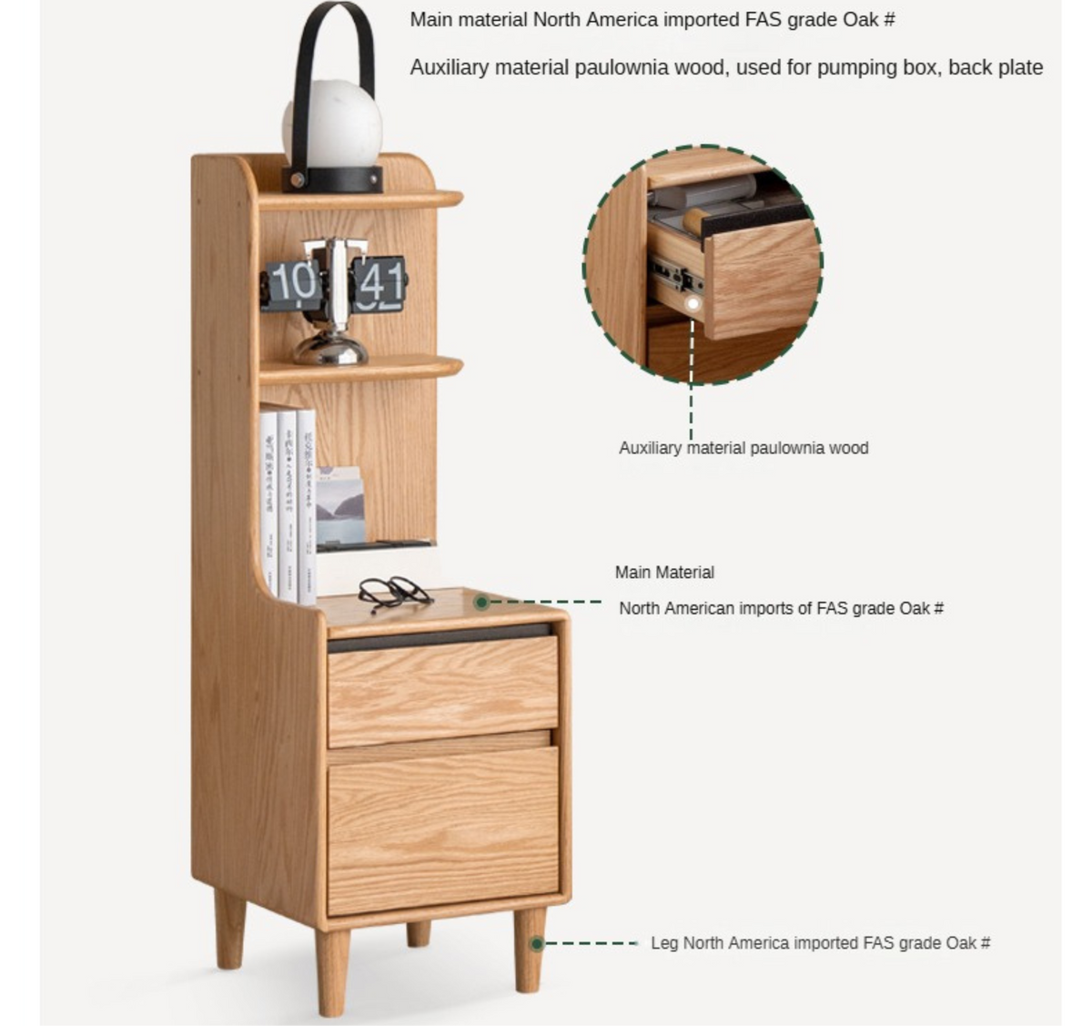 Oak Solid Wood Modern Nightstand.