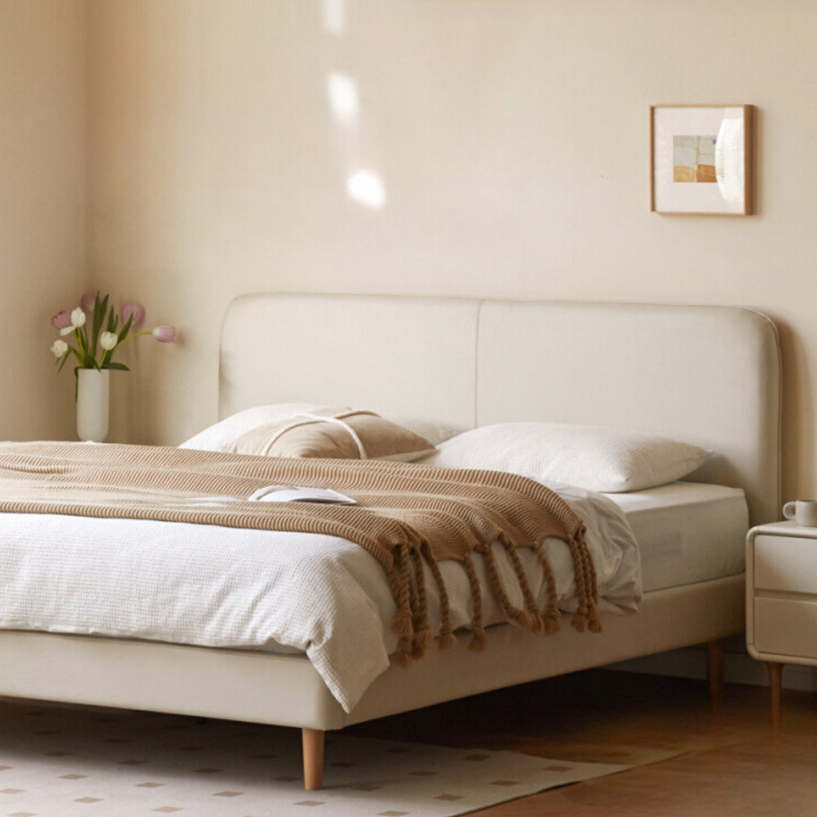 Fabric Cream Soft Minimalist Bed
