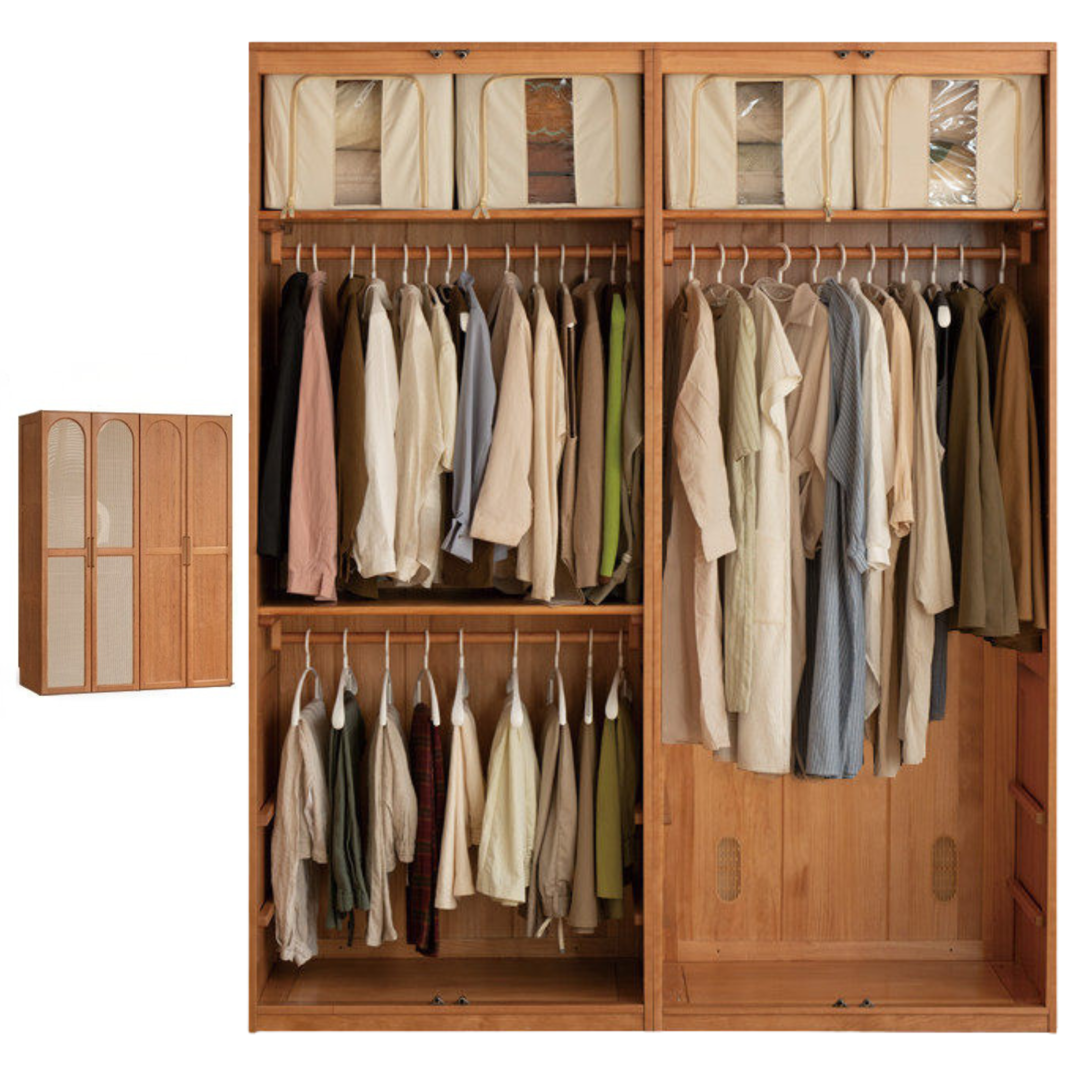Cherry Solid Wood Swing Door Rattan Wardrobe