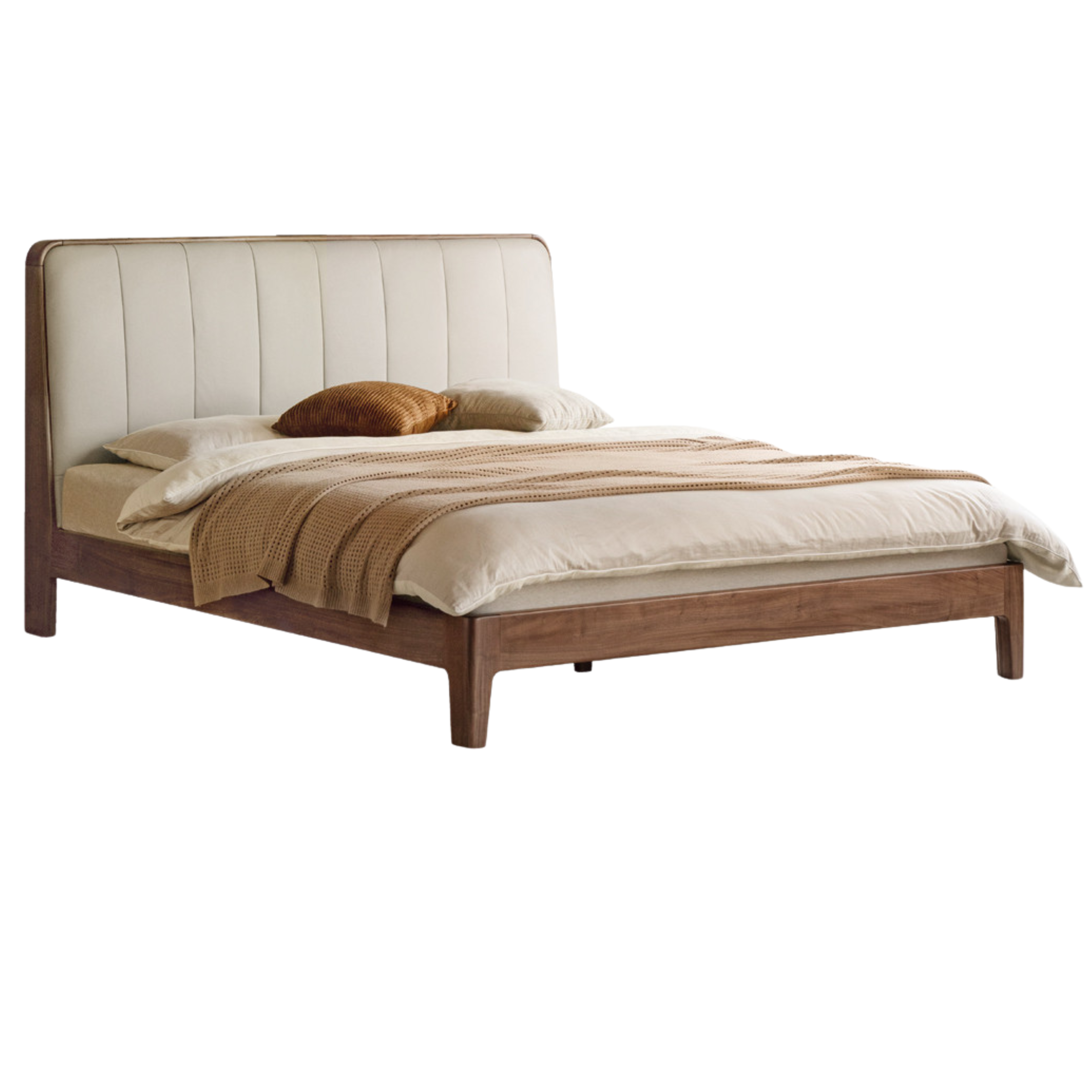 Teak, Black Walnut Solid Wood Bed Leather Soft Bed with Socket