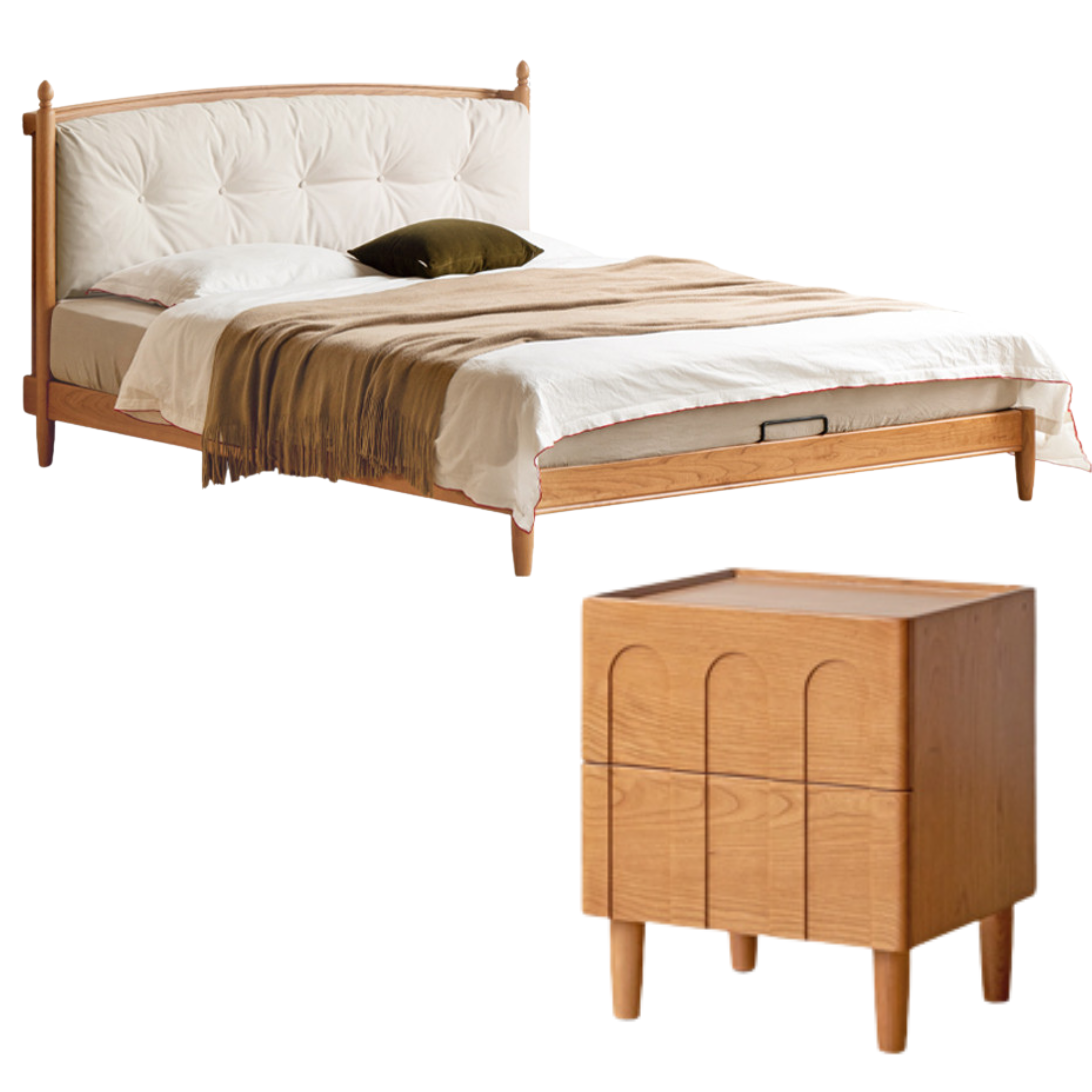 Cherry Solid Wood Soft Retro Bed