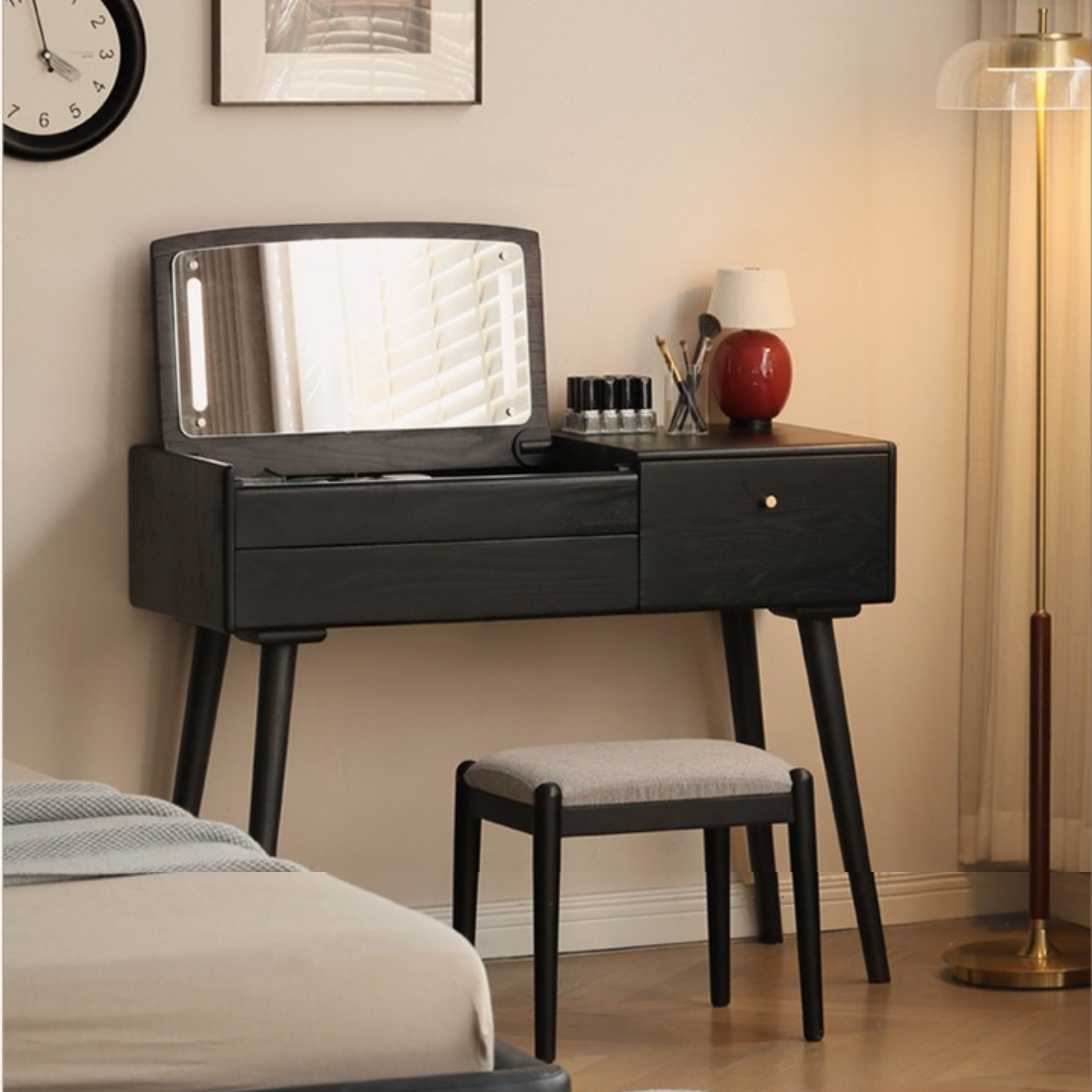 Oak Solid Wood Black Makeup Table Mirror LED Touch.