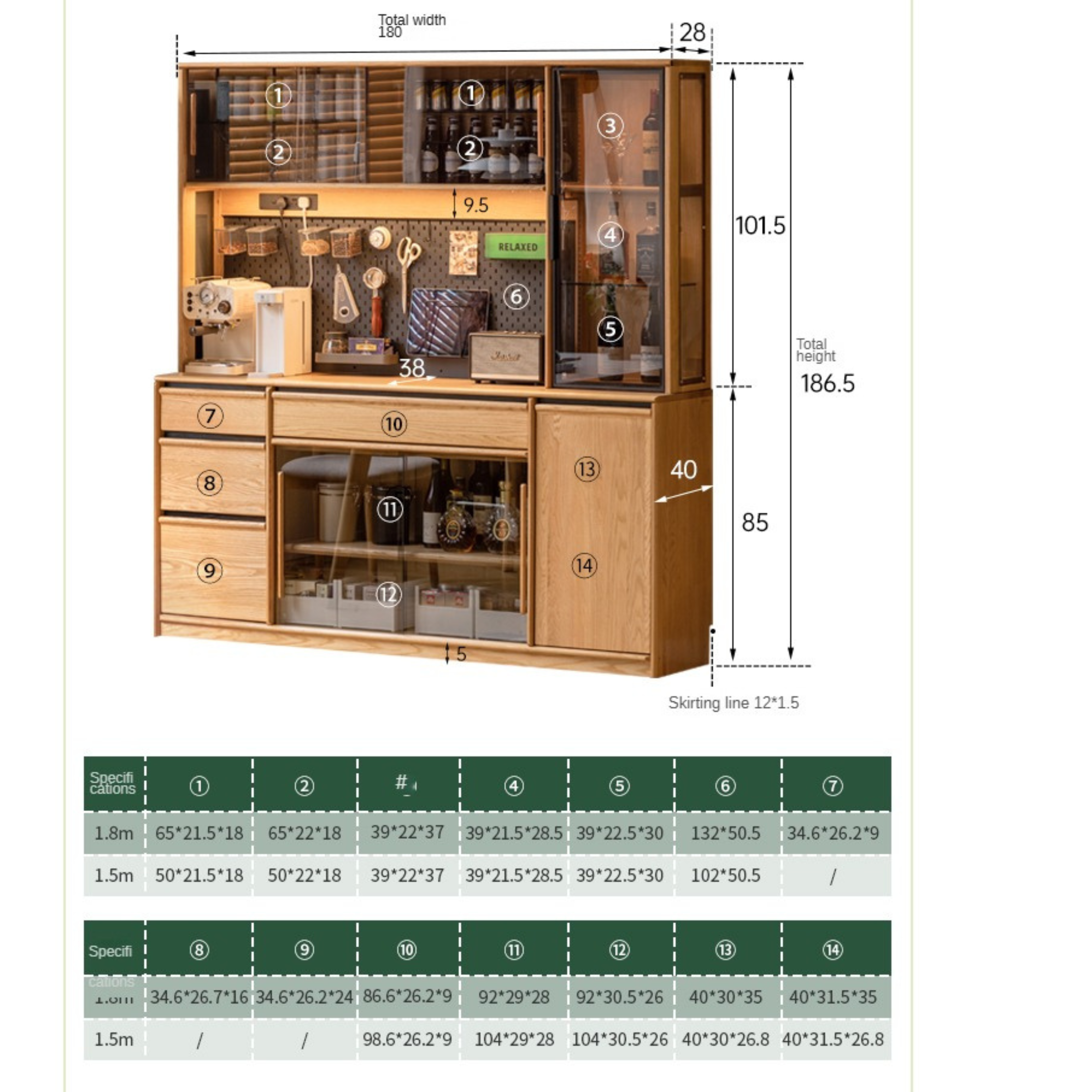 Oak Solid Wood Sideboard Glass Storage Cabinet