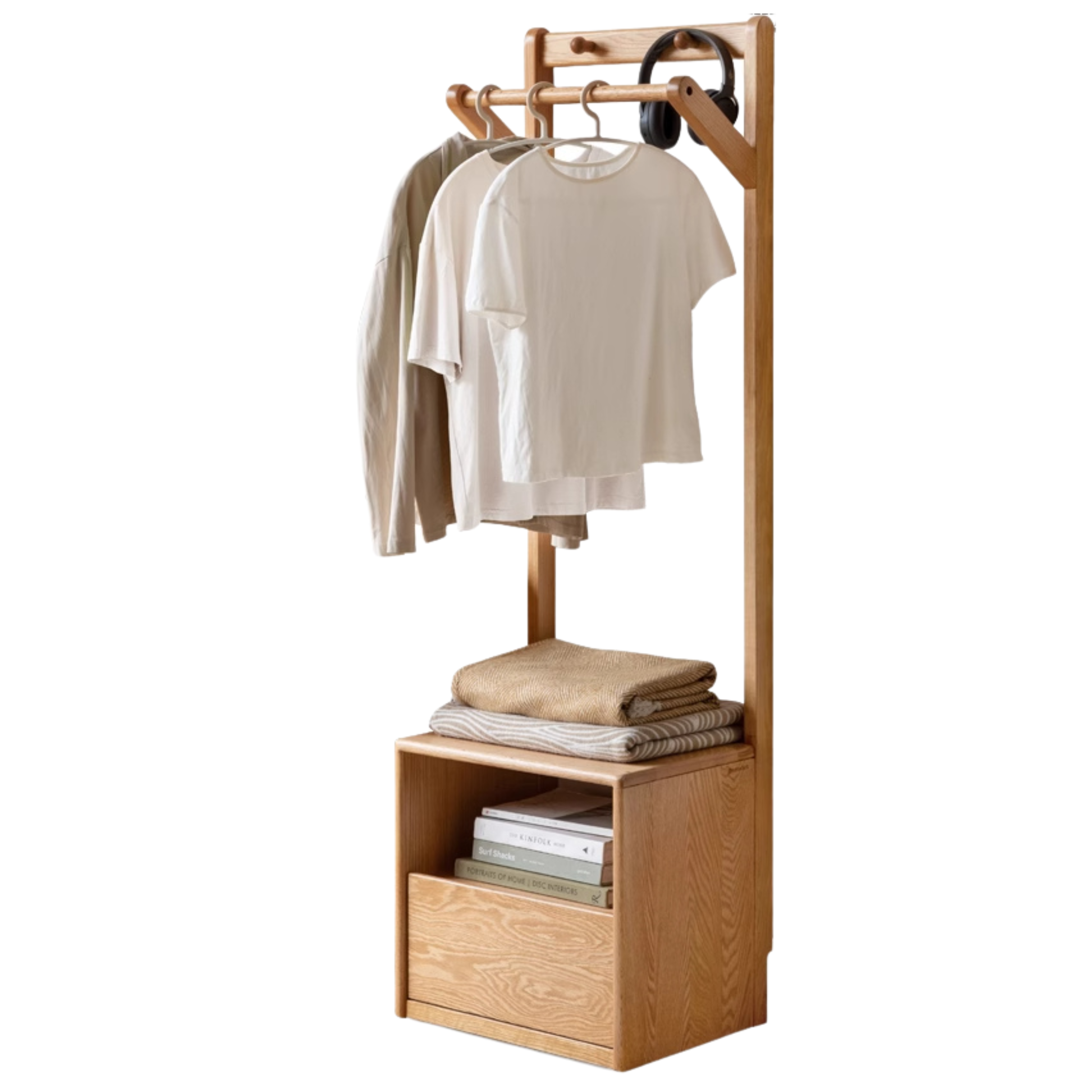 Oak, Birch Solid Wood Nordic Floor Storage Clothes Rack<