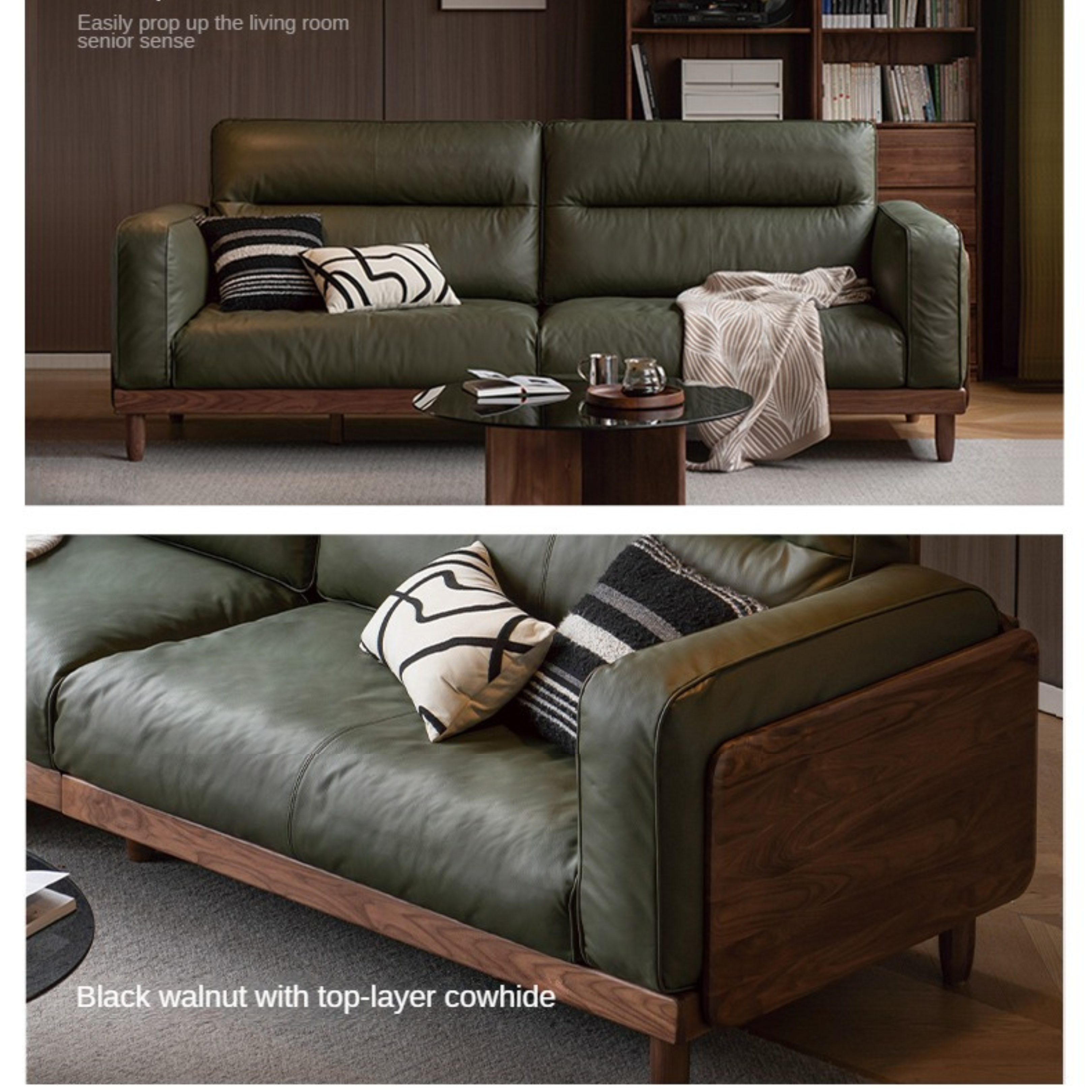 Black Walnut, Ash, Solid Sandalwood Wood Leather Top Layer Yellow Cowhide Sofa.