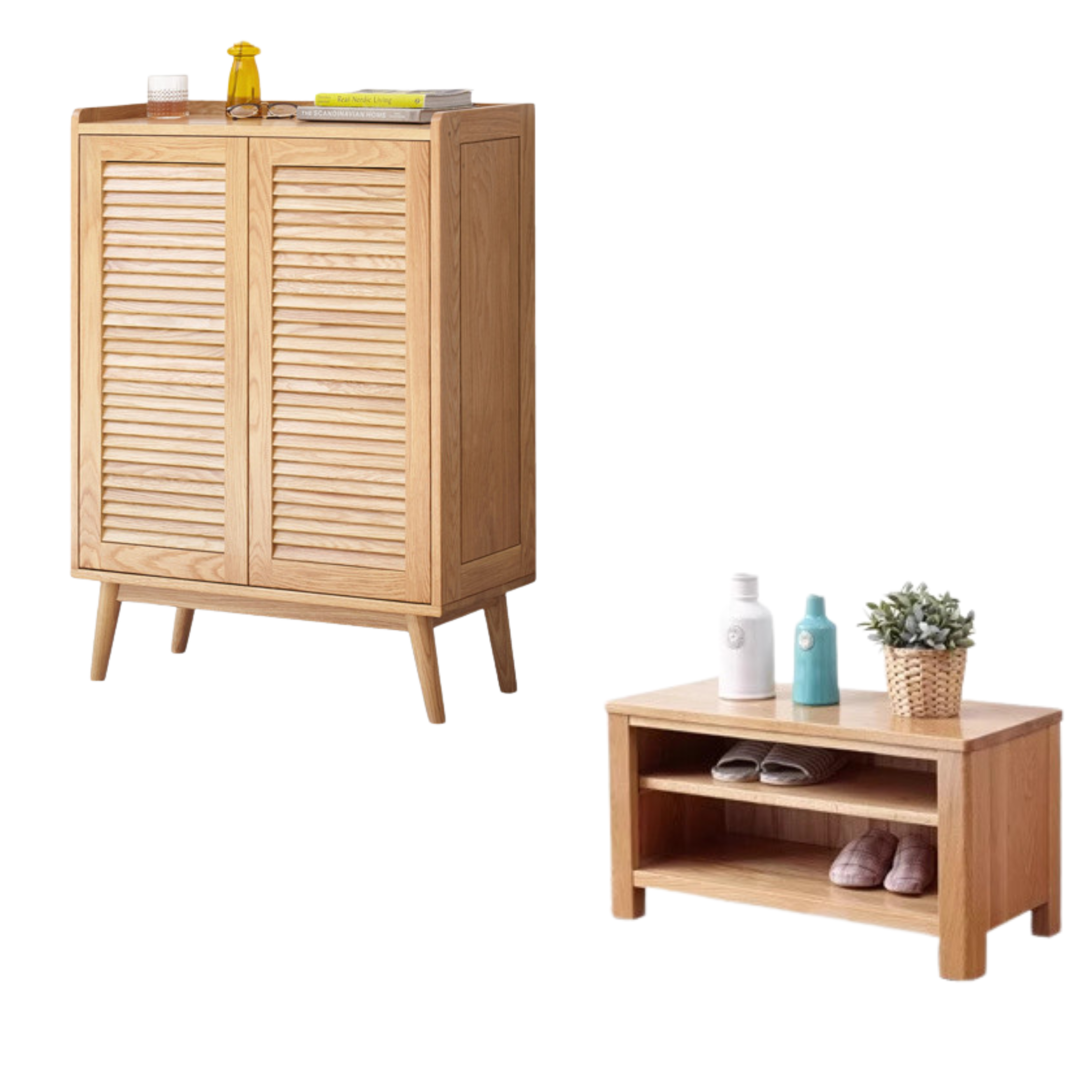 Oak Solid Wood Shutter Door Shoe Cabinet