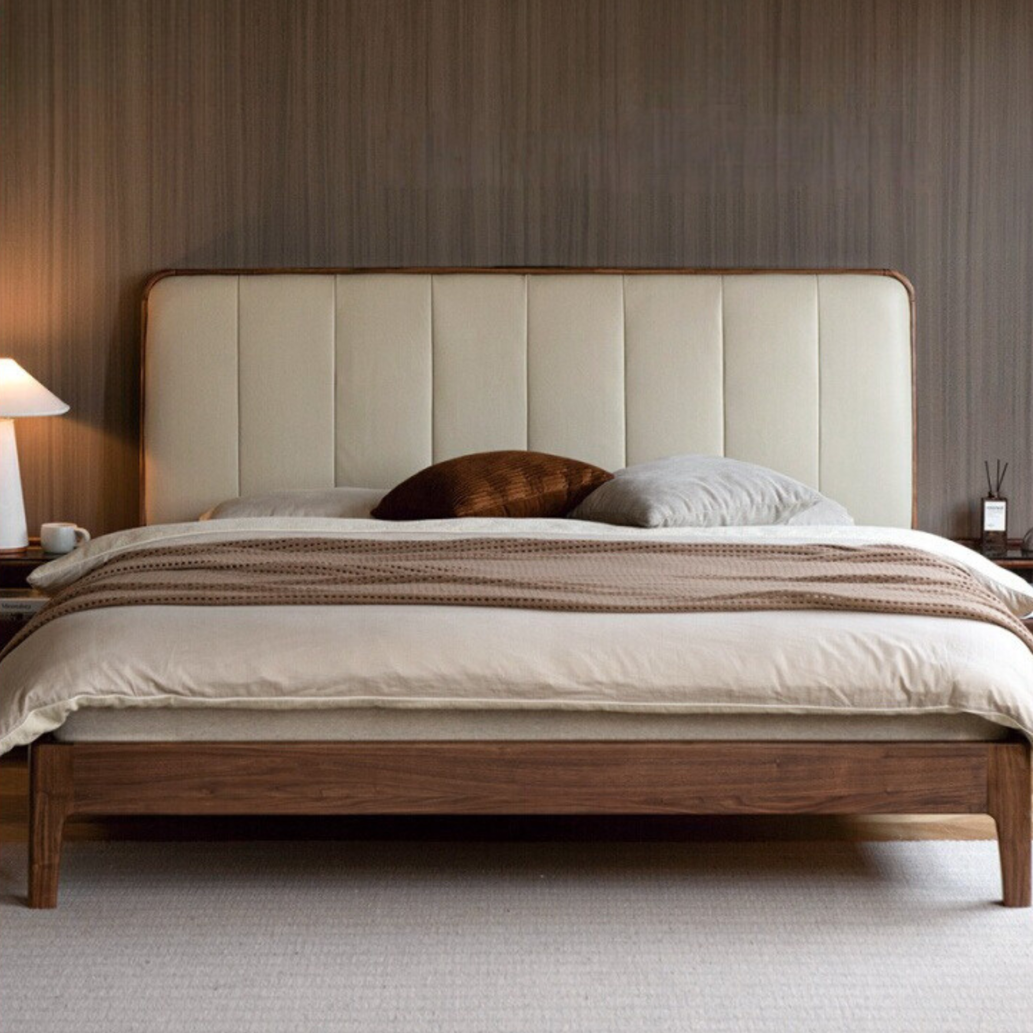 Teak, Black Walnut Solid Wood Bed Leather Soft Bed with Socket