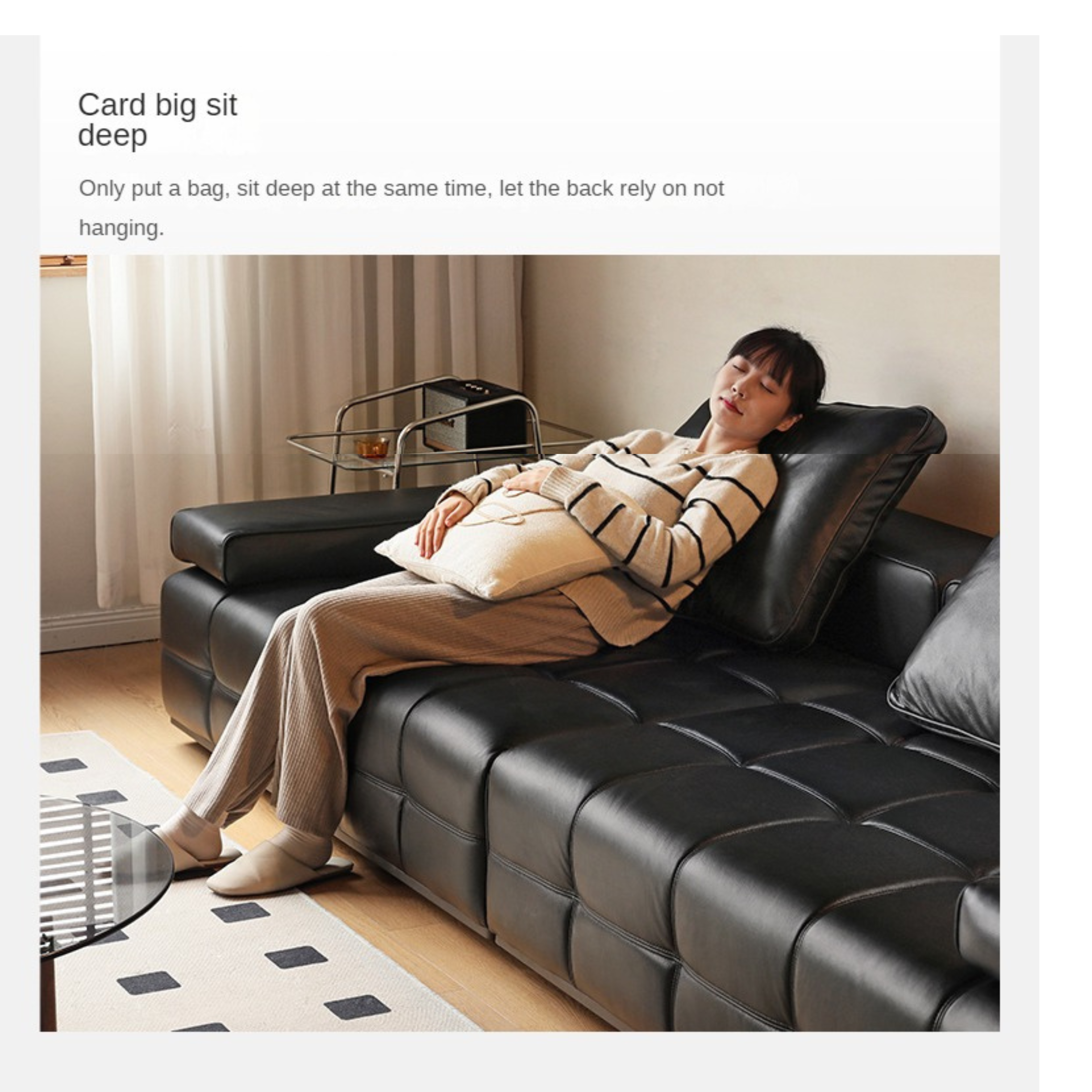 Leather Sofa Italian Black Straight Head Layer Yellow Cowhide.