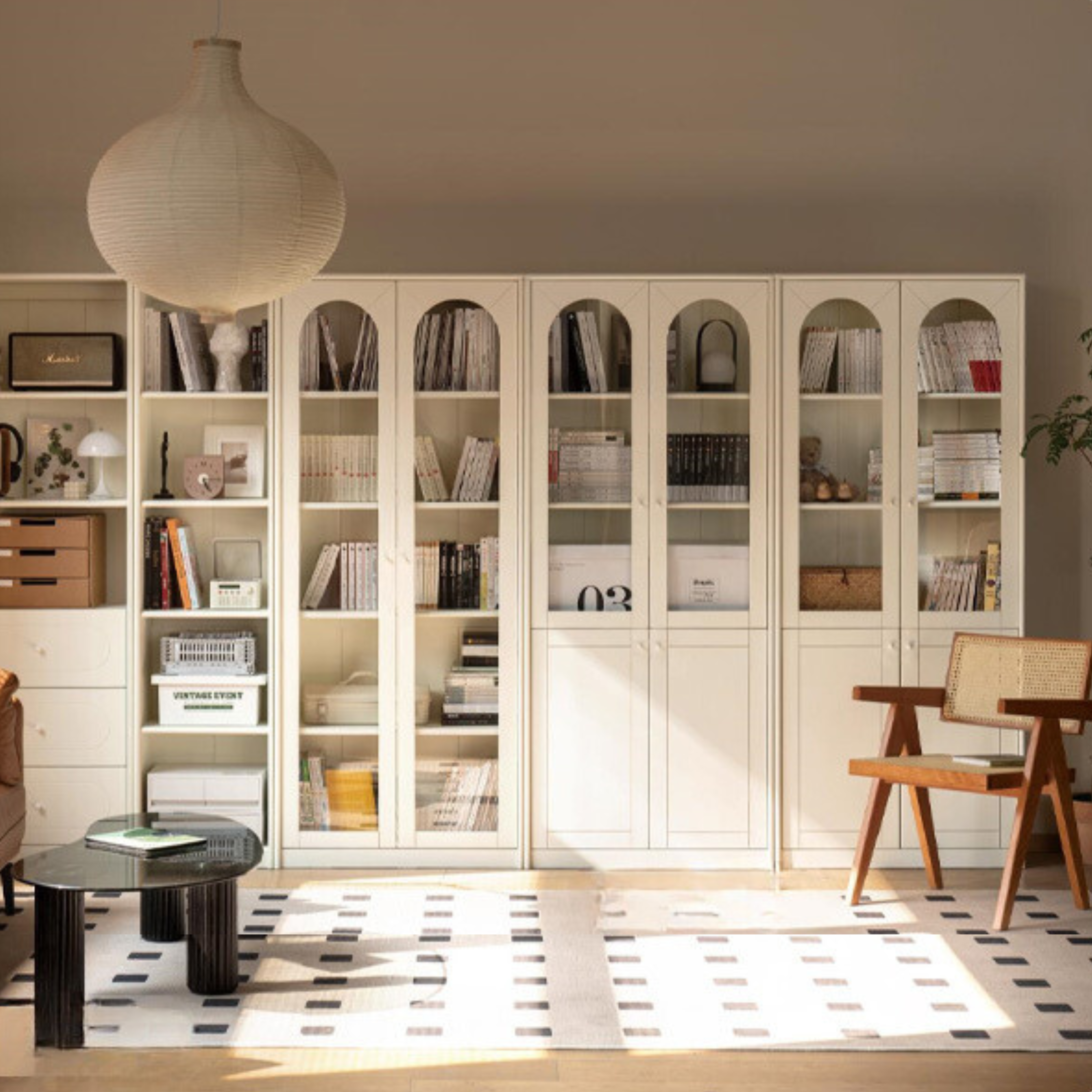 Poplar Solid Wood Bookcase White With Glass Door Whole Wall Combination French Cream Style