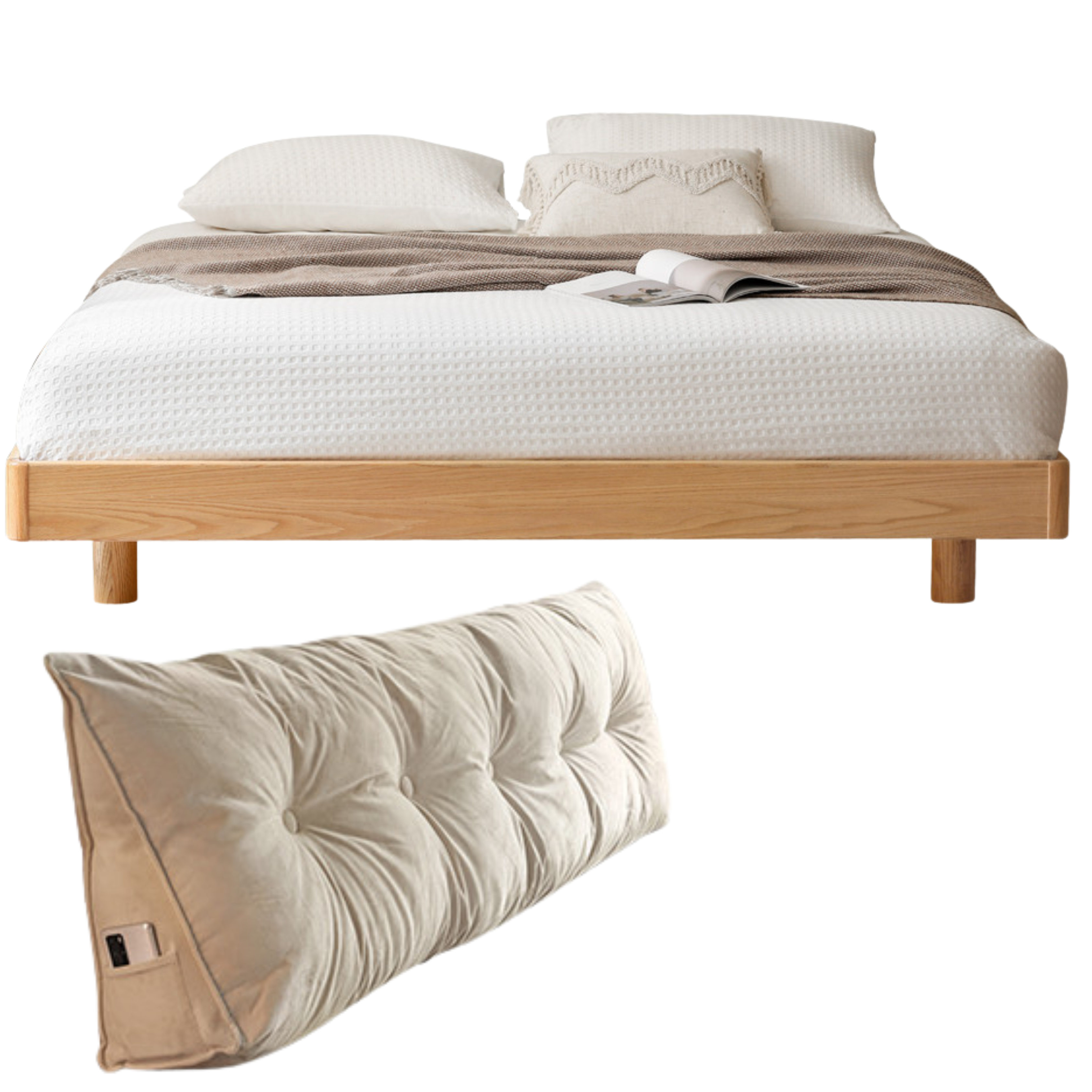 Oak solid wood Suspended platform bed, headboard-free bed with light