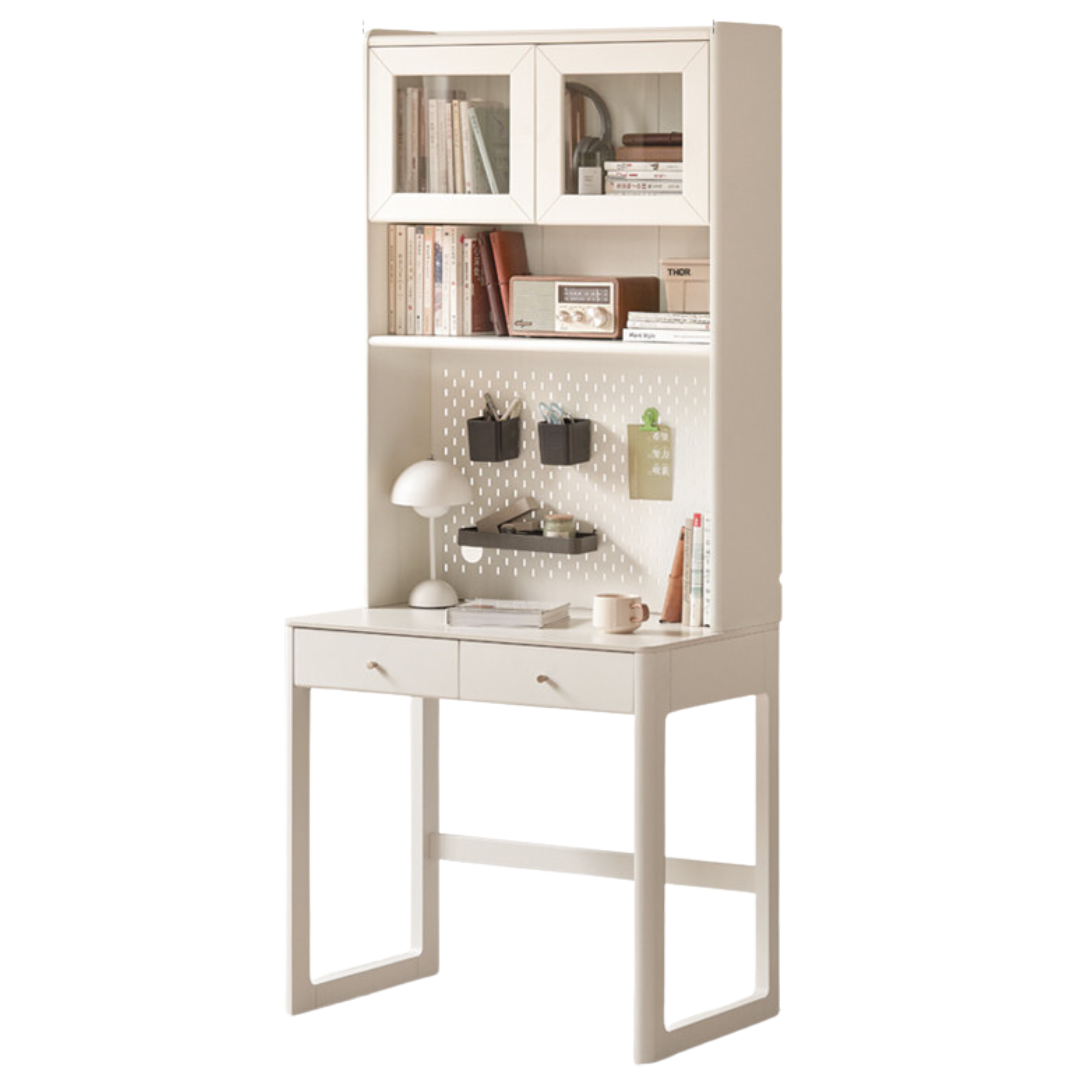 Poplar, Solid Rubberwood Rock Board Desk Bookshelf Integrated White Cream