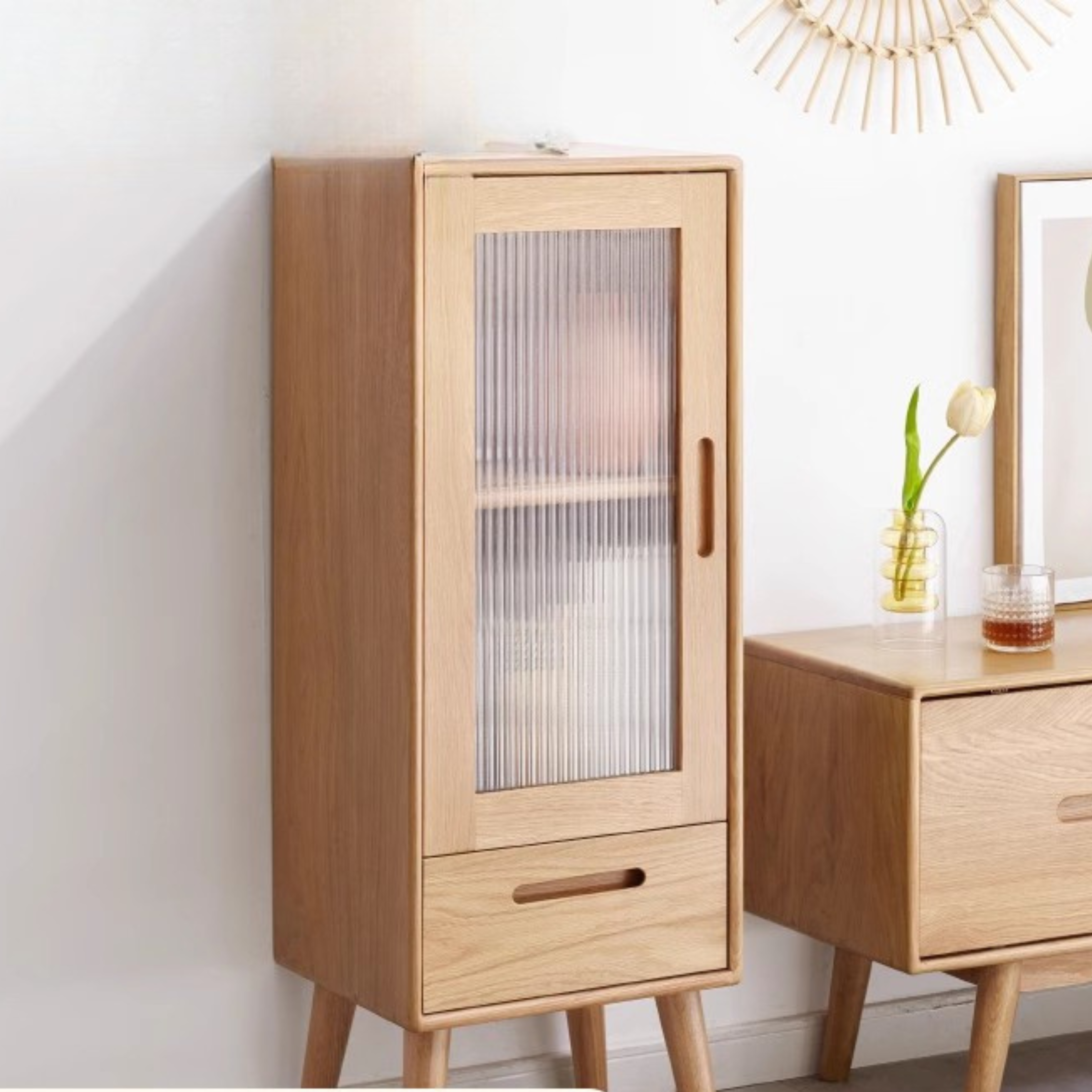 Oak Solid Wood Glass Door Display Side Cabinet