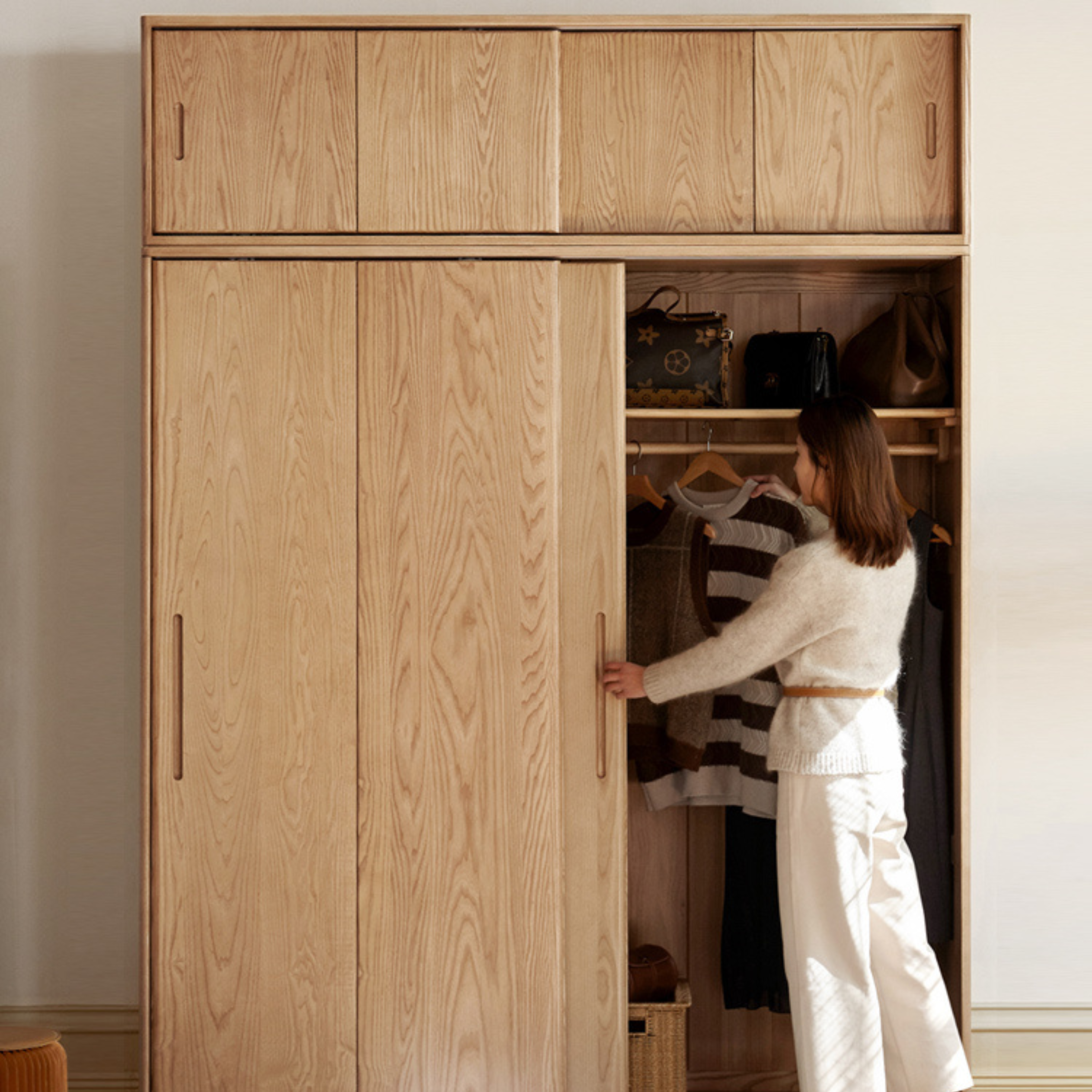 Oak, Ash Solid Wood Wardrobe Sliding Door.