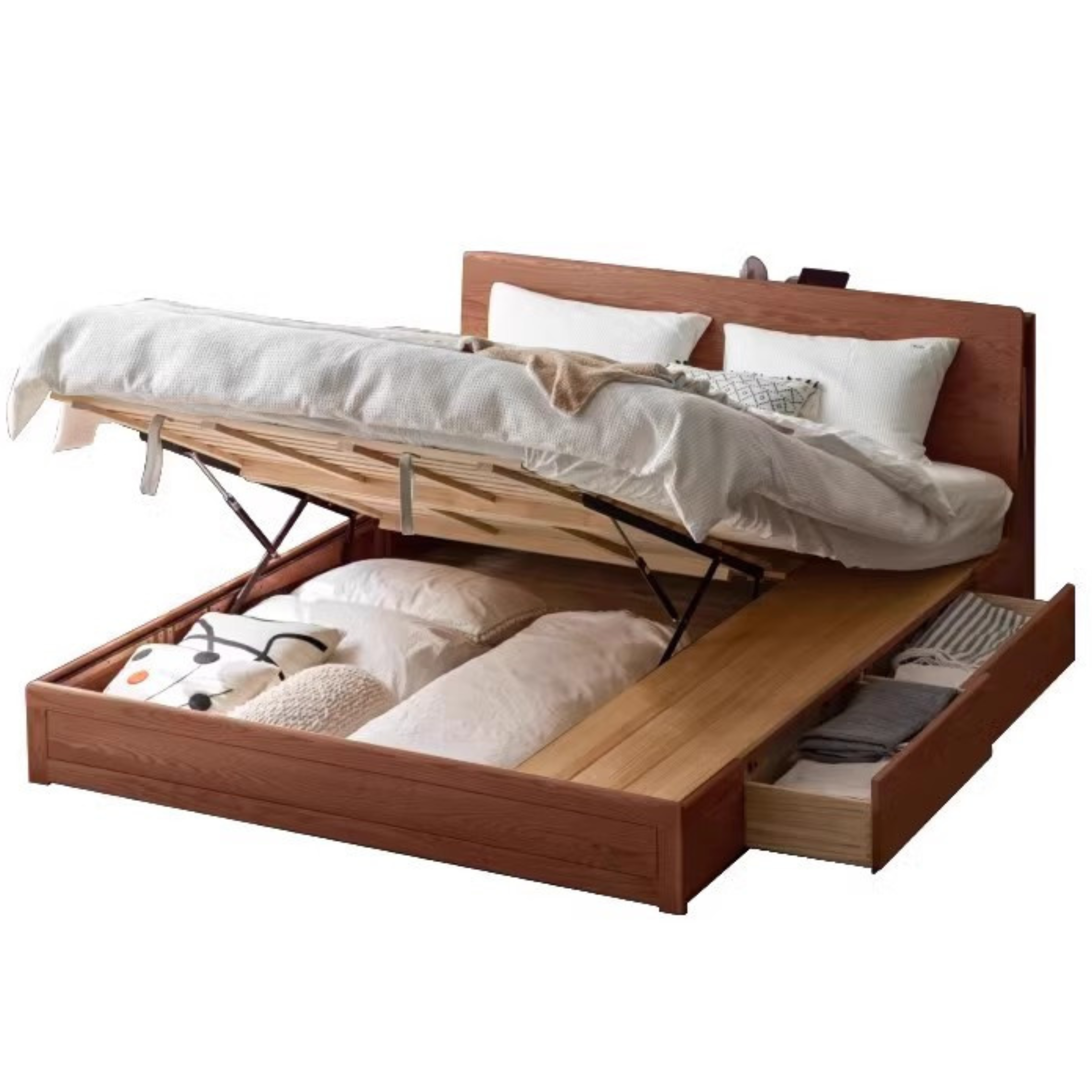Oak, Rubberwood Solid Wood, Multifunctional Storage Box Bed
