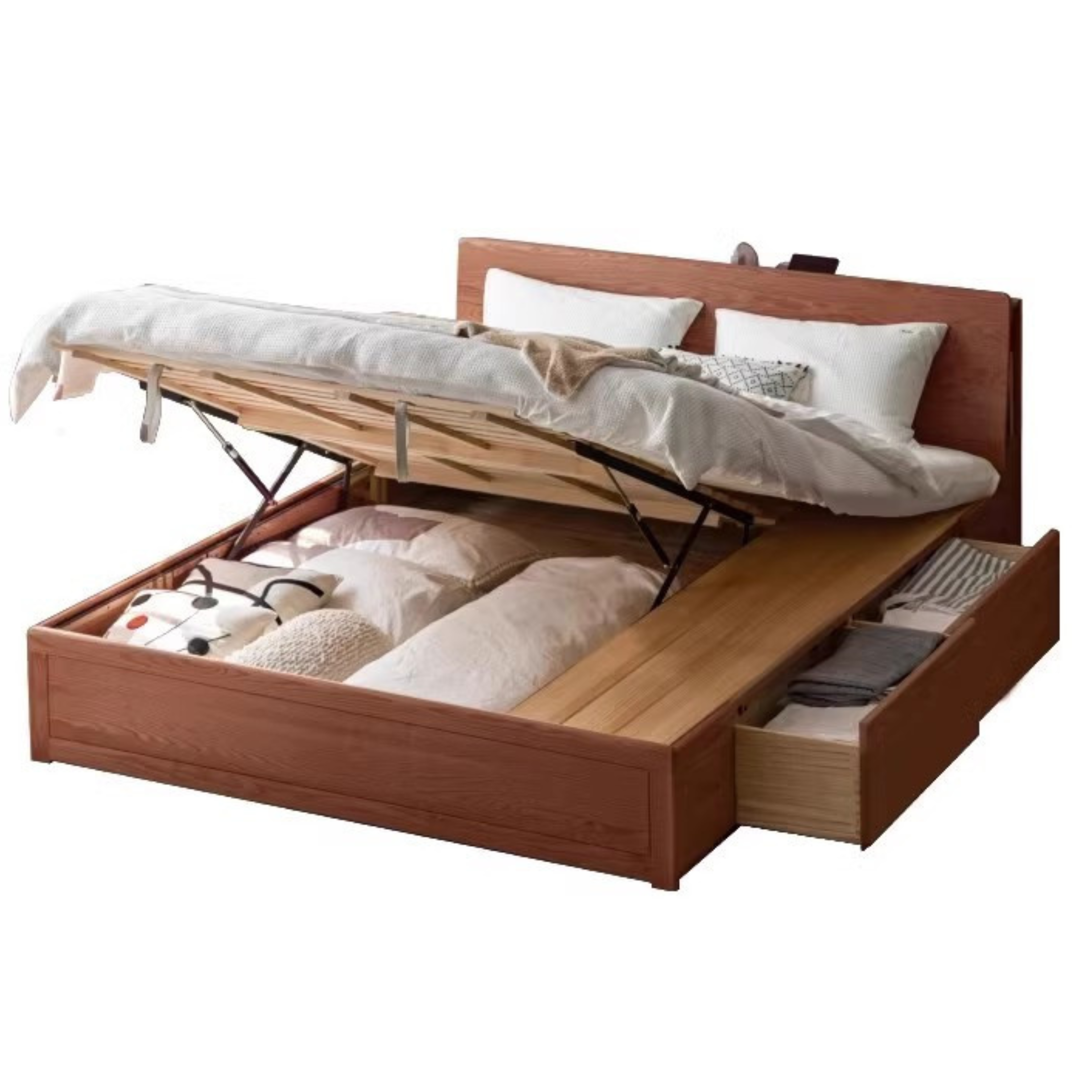 Oak, Rubberwood Solid Wood, Multifunctional Storage Box Bed
