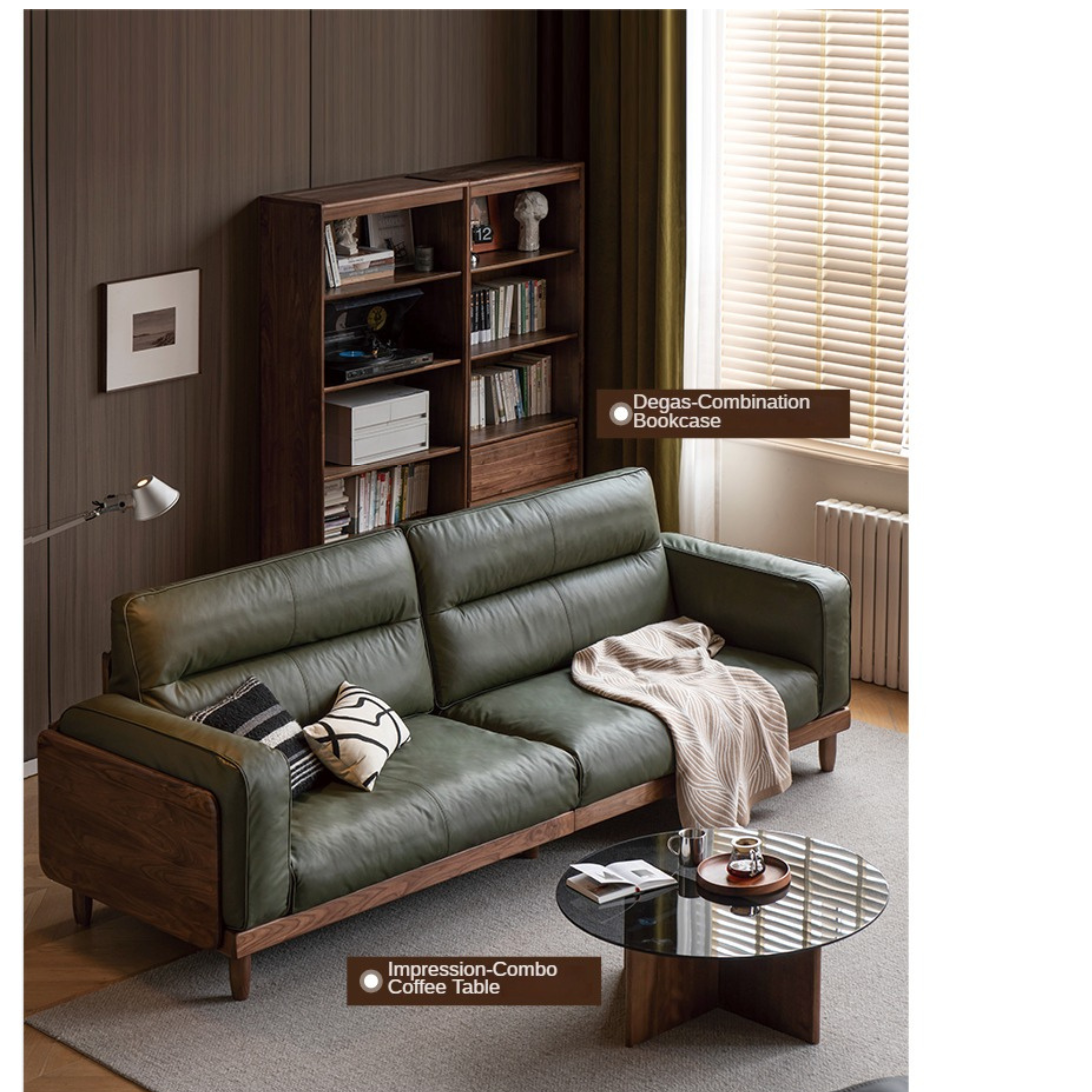 Black Walnut, Ash, Solid Sandalwood Wood Leather Top Layer Yellow Cowhide Sofa.