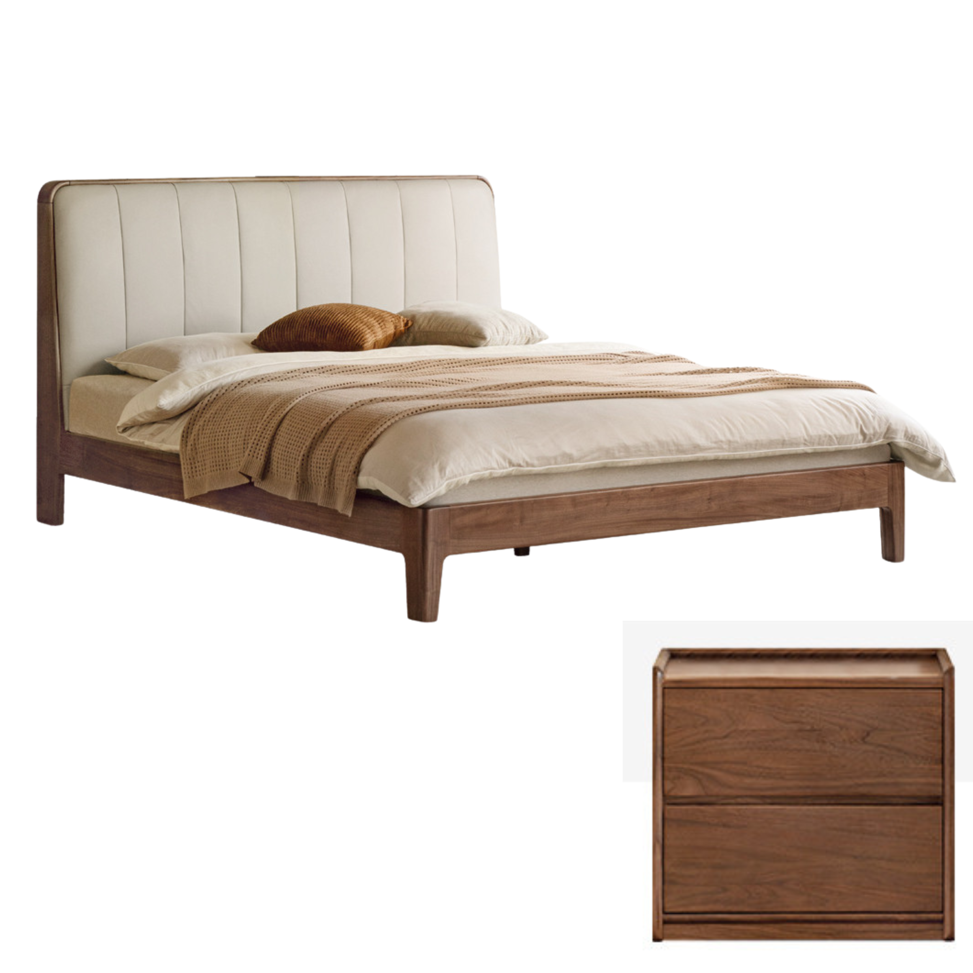 Teak, Black Walnut Solid Wood Bed Leather Soft Bed with Socket