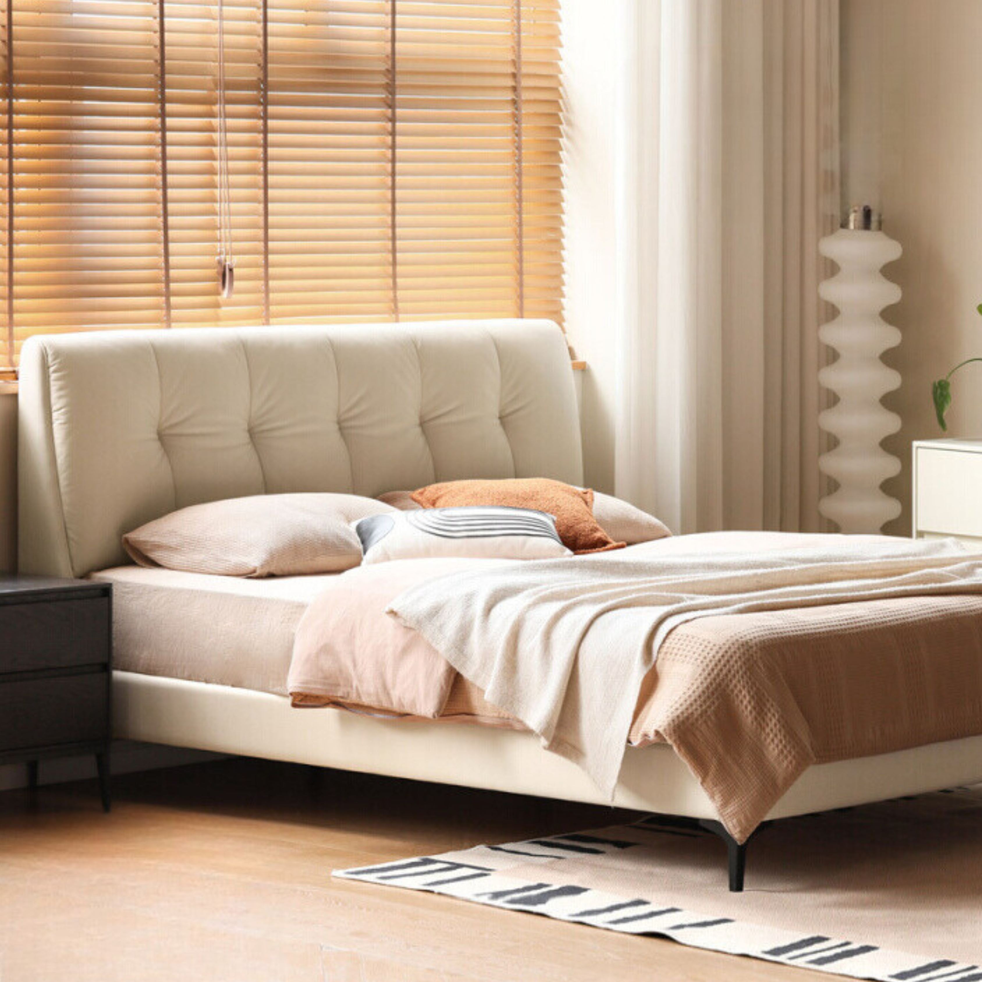 Genuine Leather, Ecological Cloud Leather Bed Cream Style Light Luxury