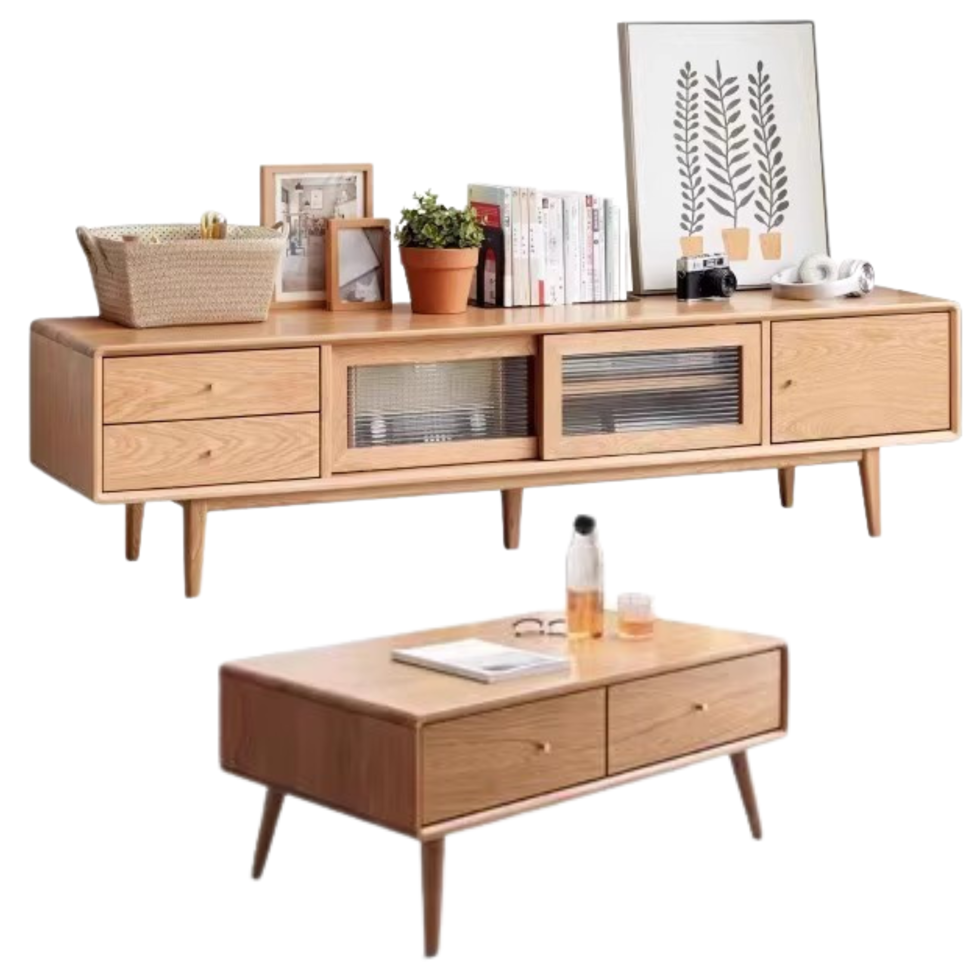Oak, Ash Solid Wood TV Stand Sliding Door