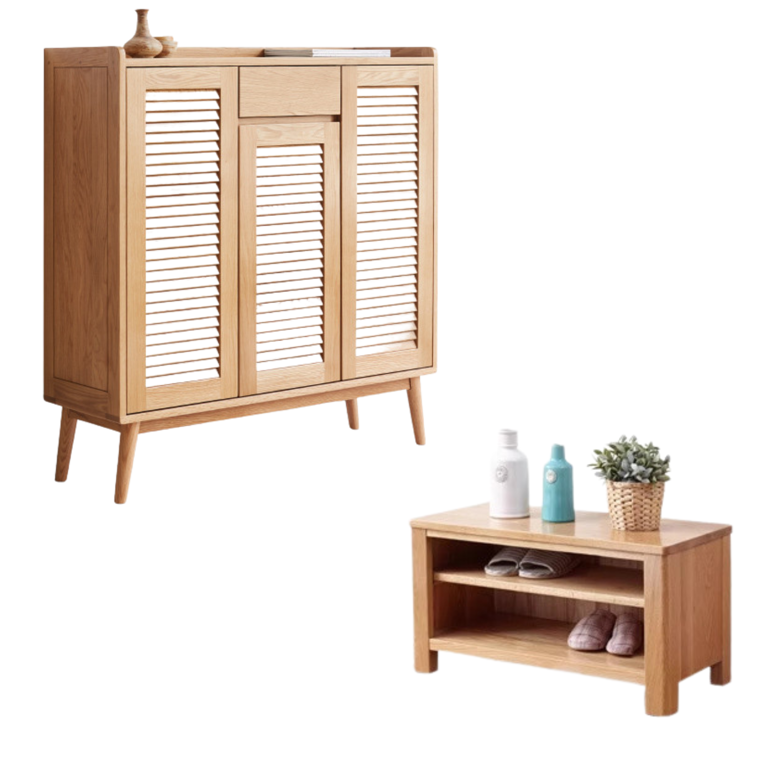 Oak Solid Wood Shutter Door Shoe Cabinet
