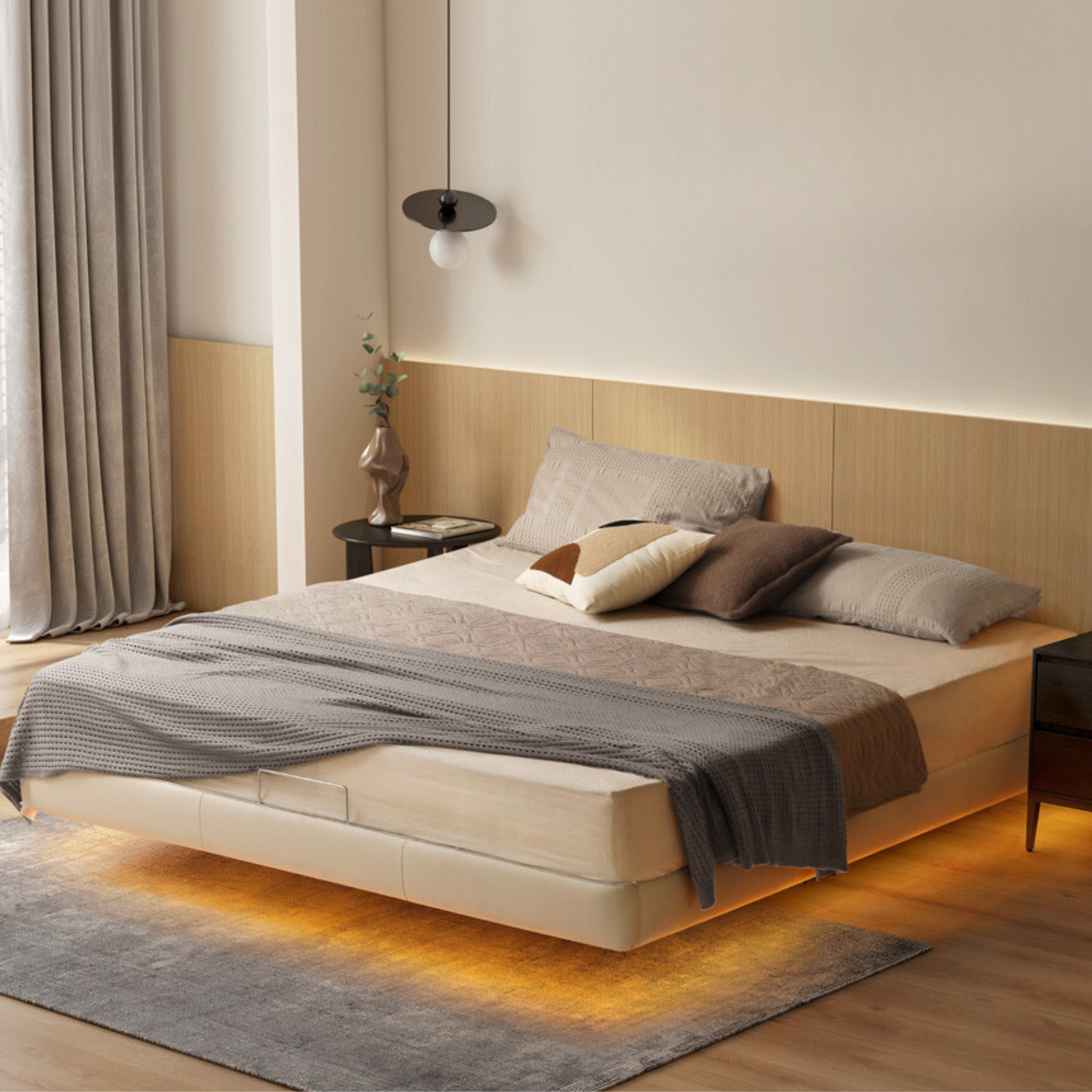 Leather platform bed, headboard-free floating bed cream style