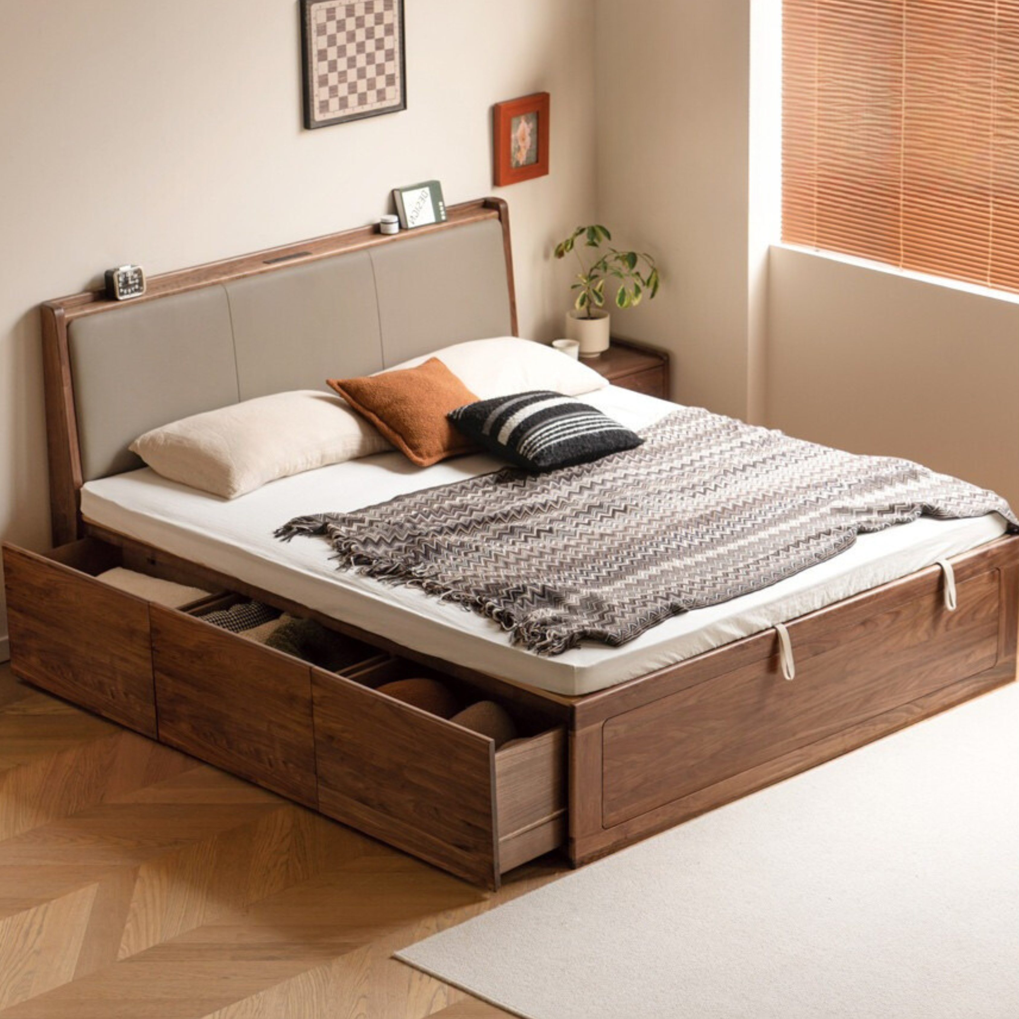 Black Walnut Solid Wood leather soft Drawer Box Bed Nordic