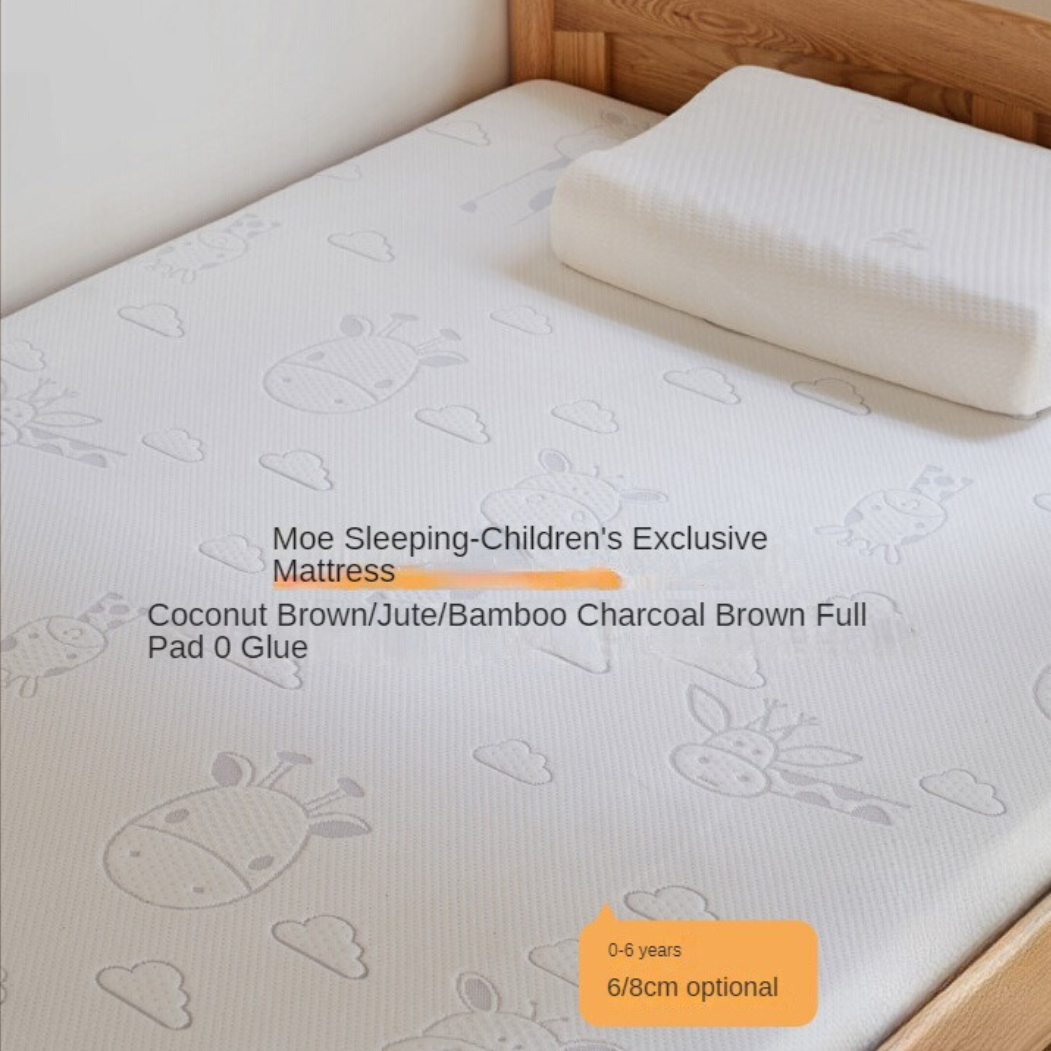 Natural Coconut Fiber and Latex Children's Mattress with Zero Glue, Firm 6CM, 8CM