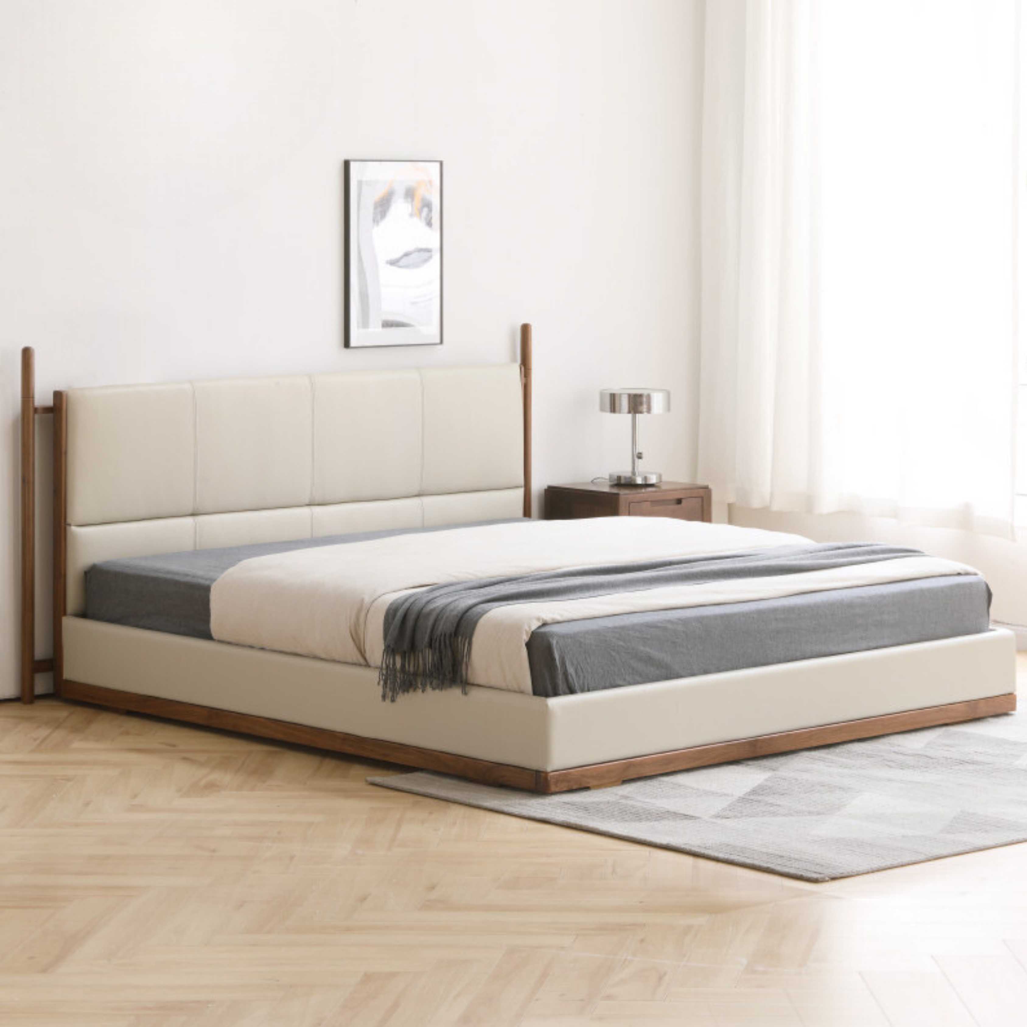 North American Black Walnut Bed Modern Light Luxury Top Layer Cowhide Soft Bed