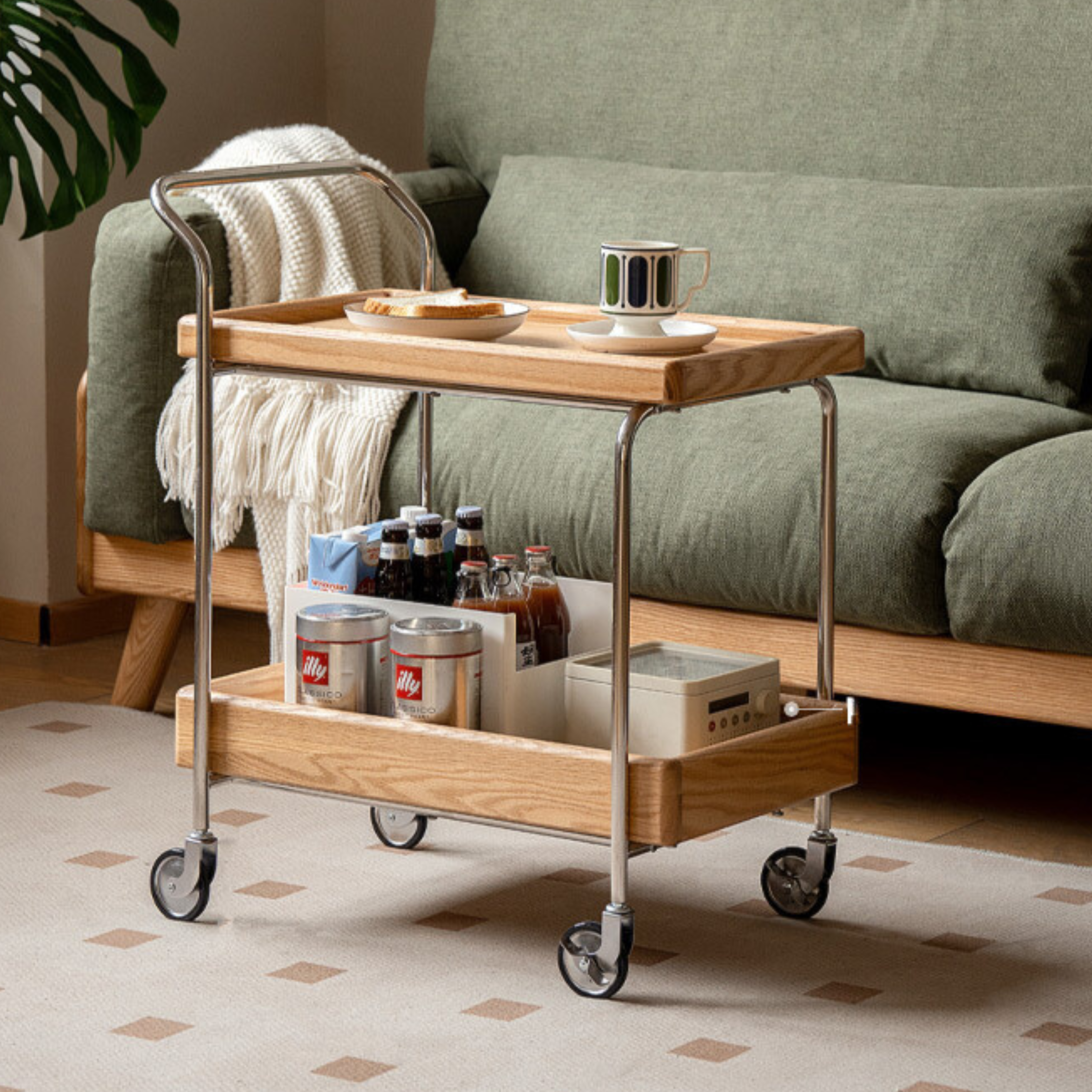 Oak, Poplar, Cherry Solid Wood Double Layer Mobile Side Table