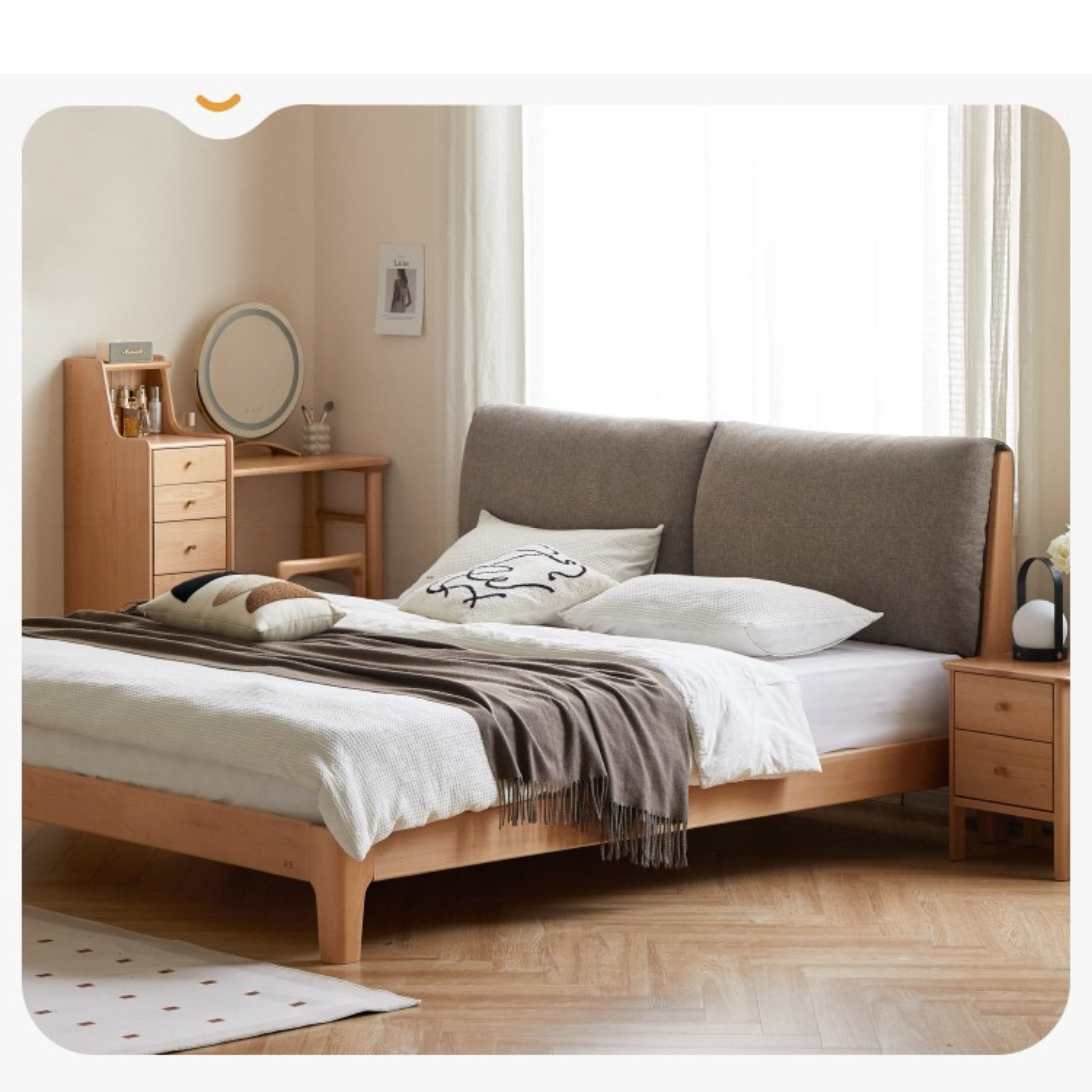 European Beech solid wood soft back fabric bed