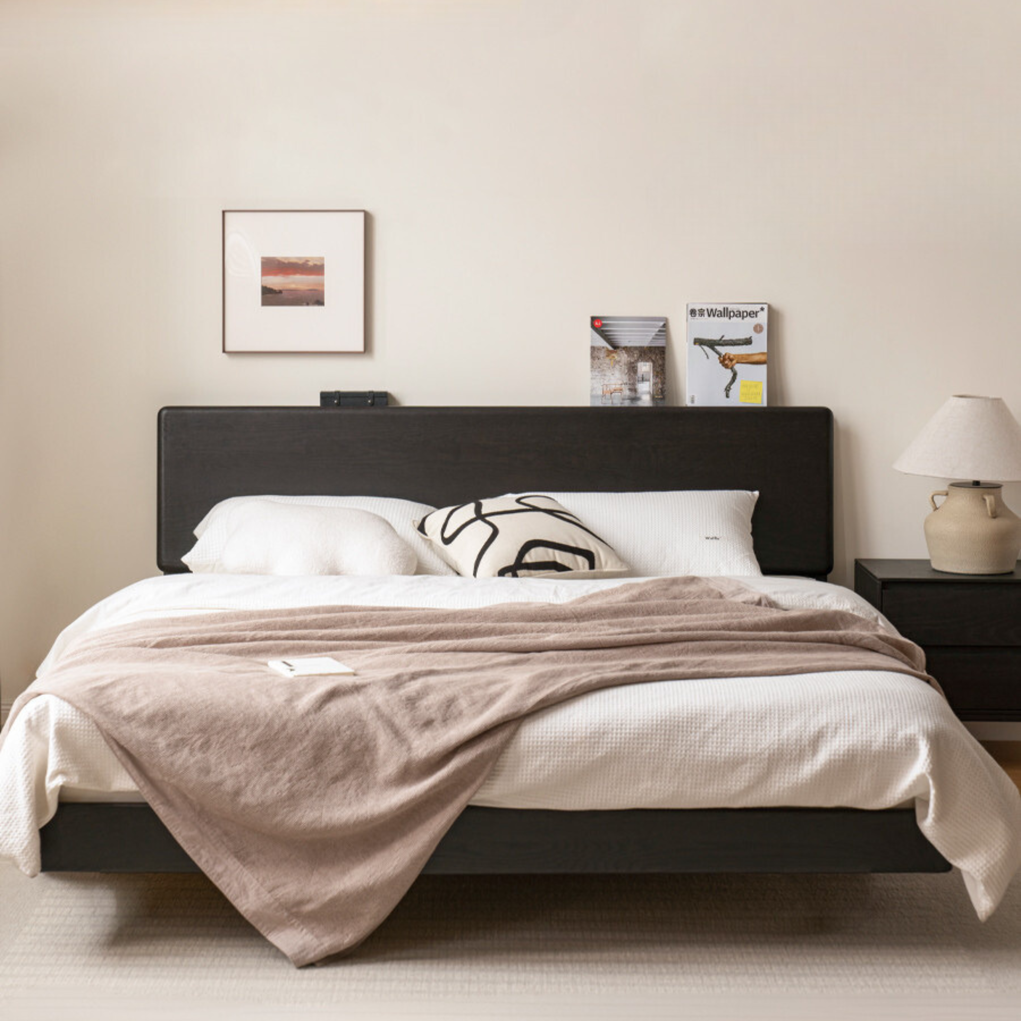 Oak Solid Wood Nordic Floating Bed — Modern Minimalist Black with Light