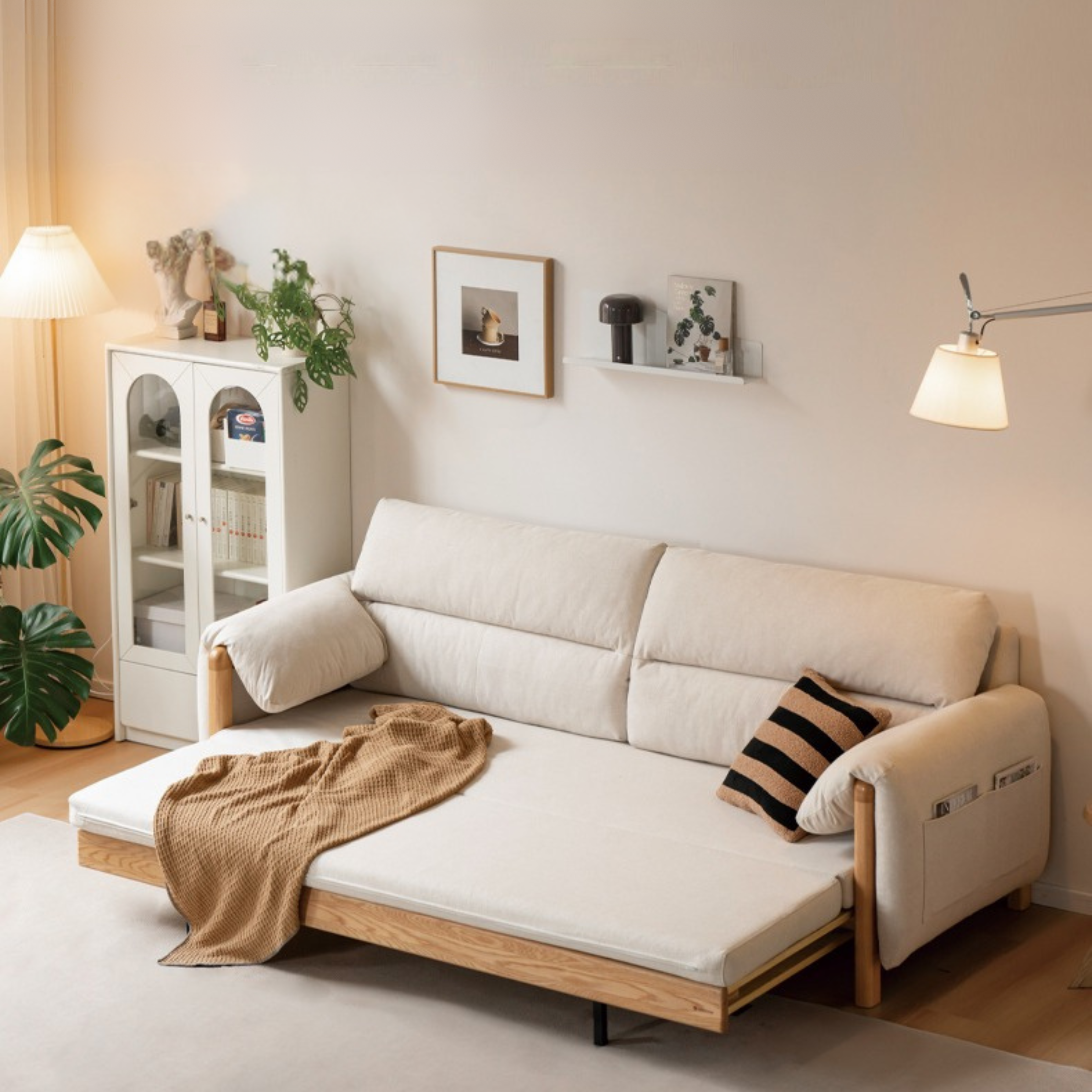 Oak Solid Wood Sitting and Sleeping Retractable Sofa Bed.