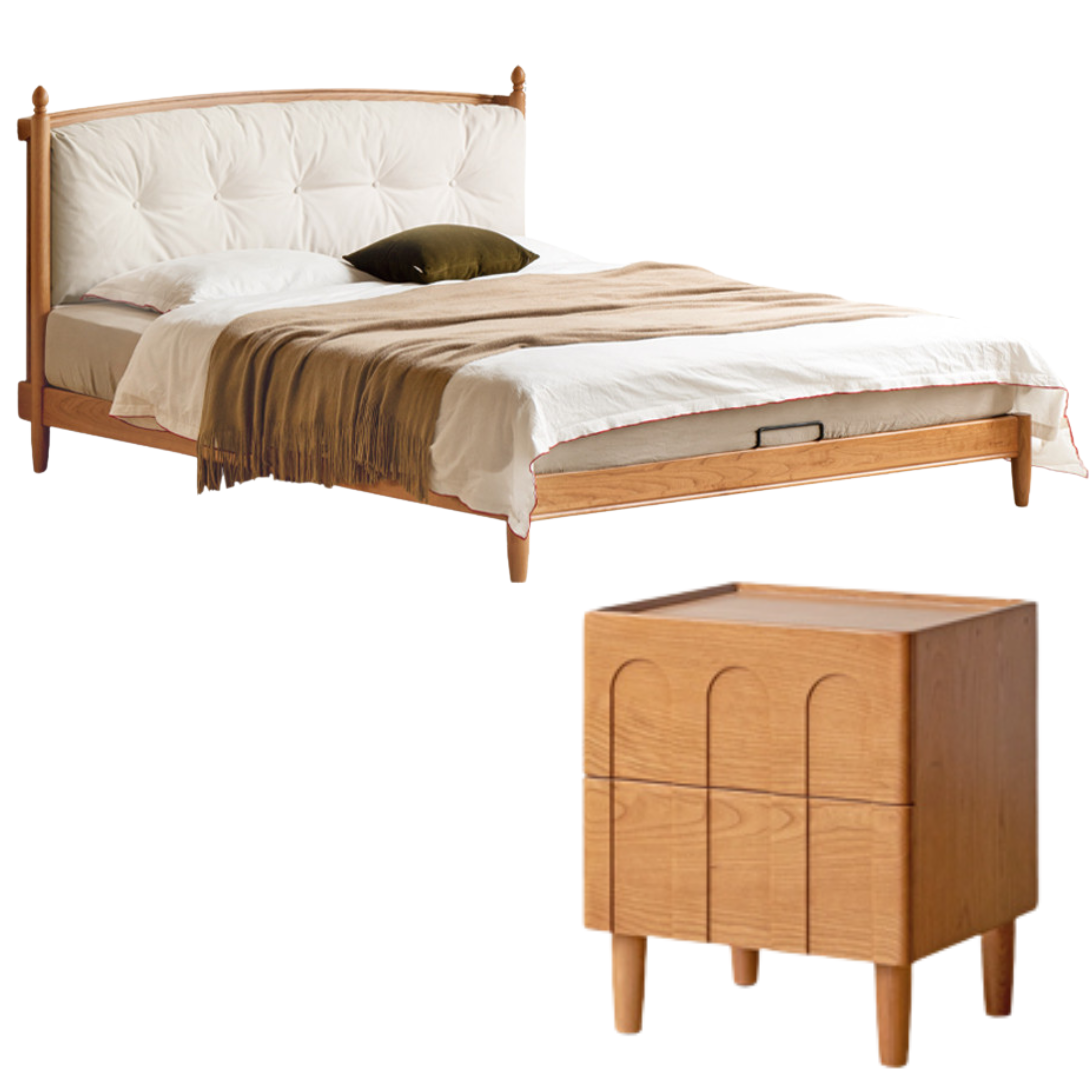 Cherry Solid Wood Soft Retro Bed