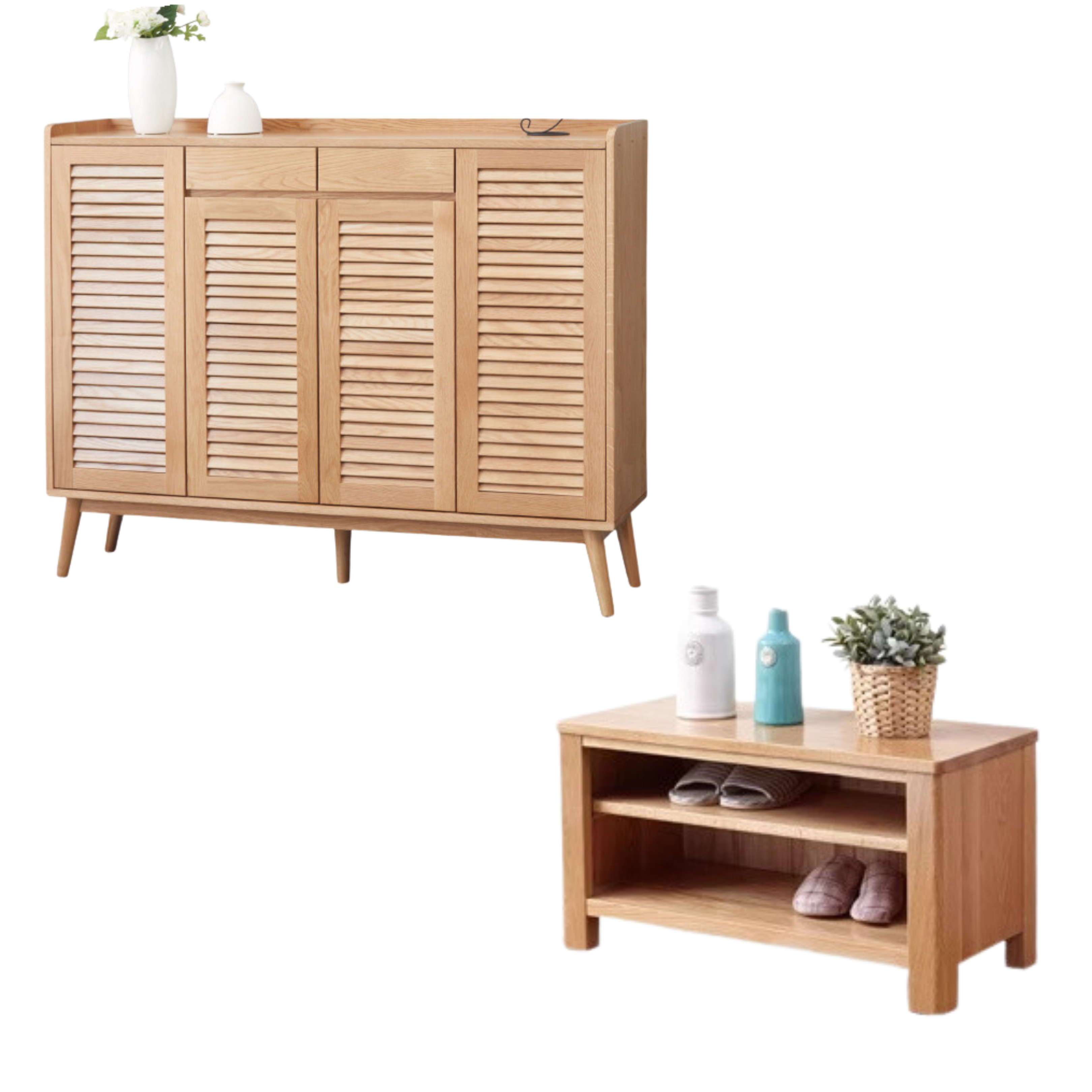 Oak Solid Wood Shutter Door Shoe Cabinet
