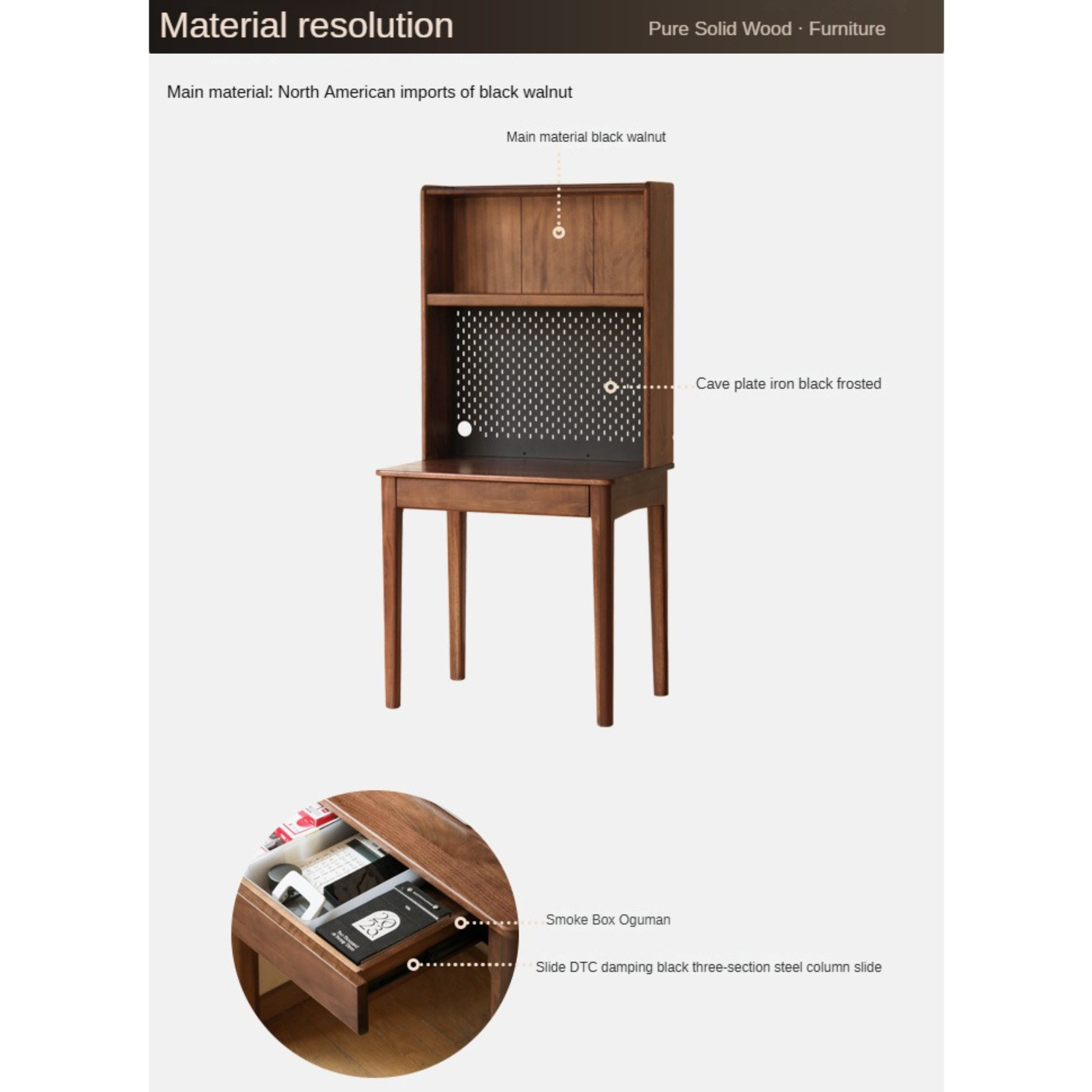 Black Walnut, Oak, Ash Solid Wood Desk Bookshelf