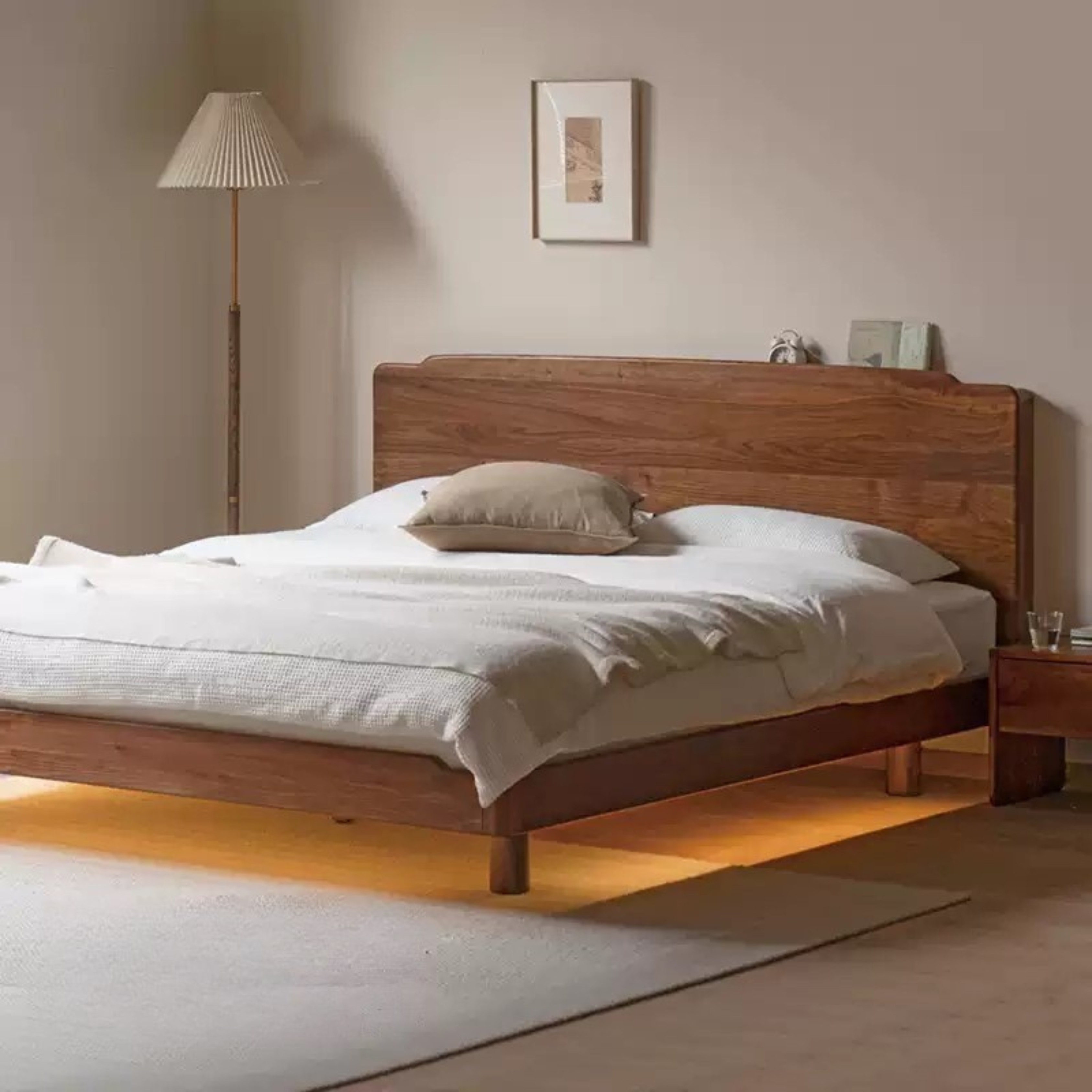 Black Walnut, Ash Solid Wood Big Bed with Light