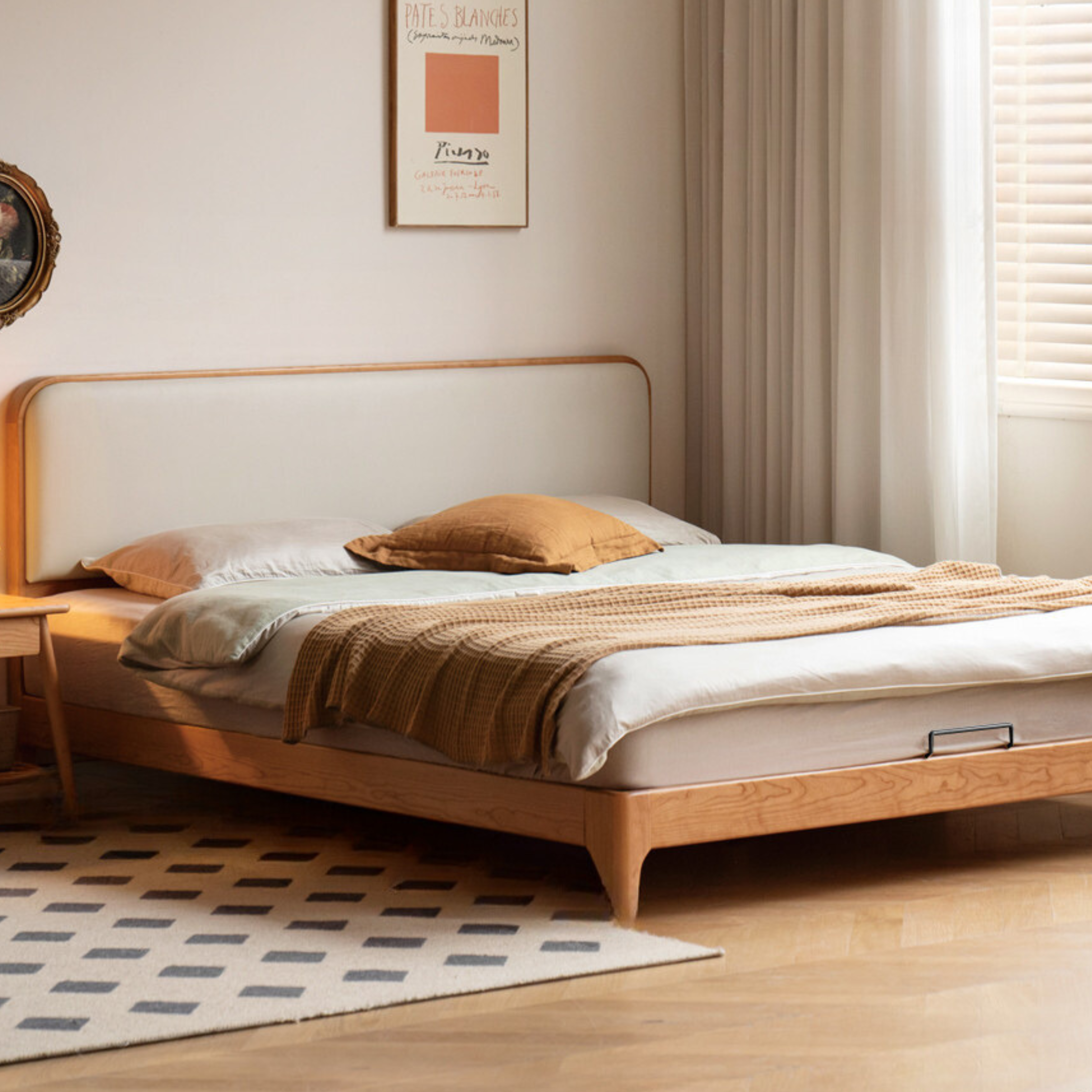 Cherry Solid Wood Technology Fabric Soft Modern Bed