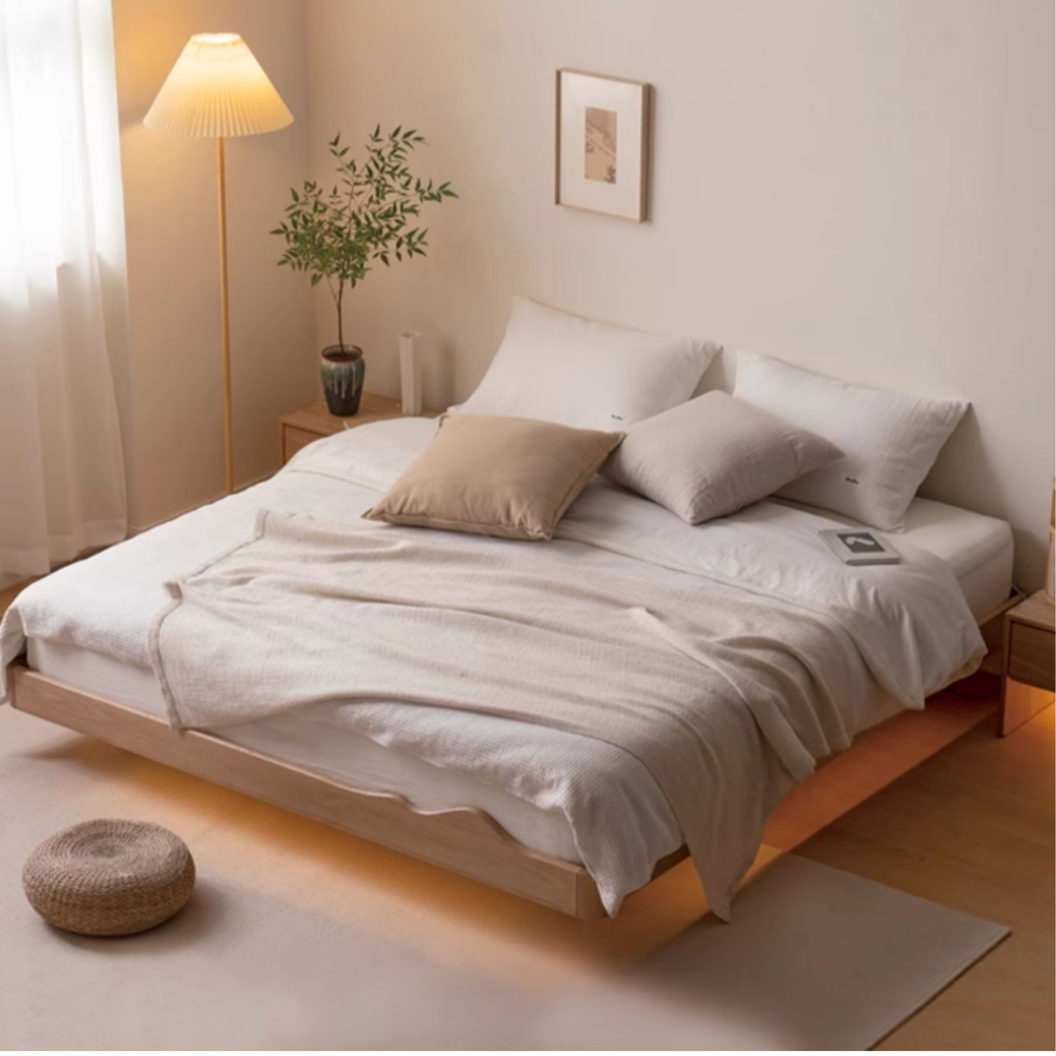 Ash solid wood suspended Platform Bed, Headboard-Free Bed